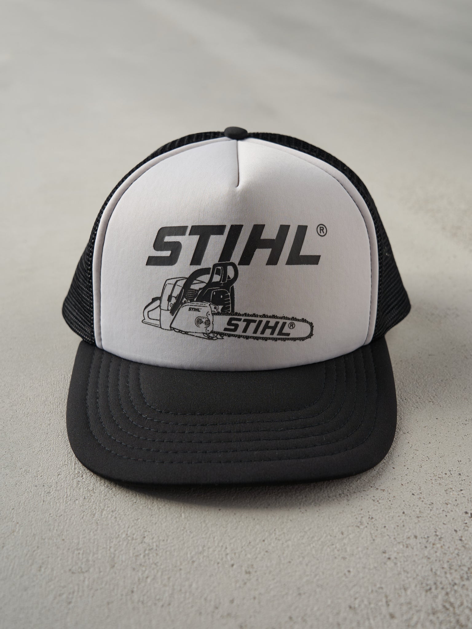 Vintage 90s Black and White Stihl Foam Trucker Hat