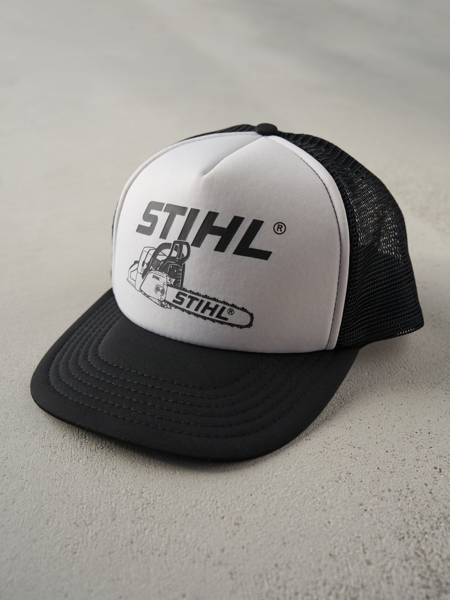 Vintage 90s Black and White Stihl Foam Trucker Hat