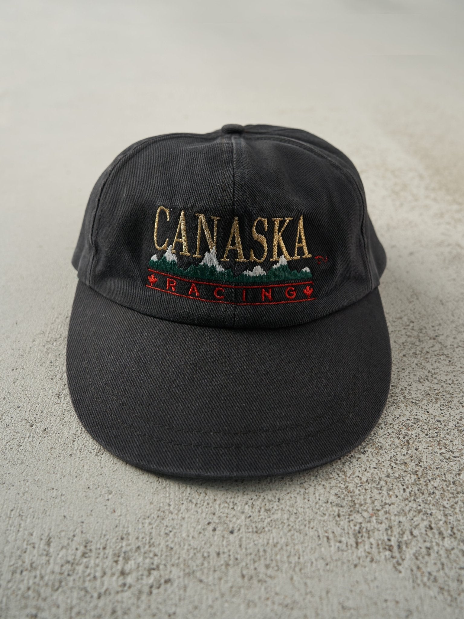 Vintage 93' Black Embroidered Canaska Racing Leather Strapback Hat