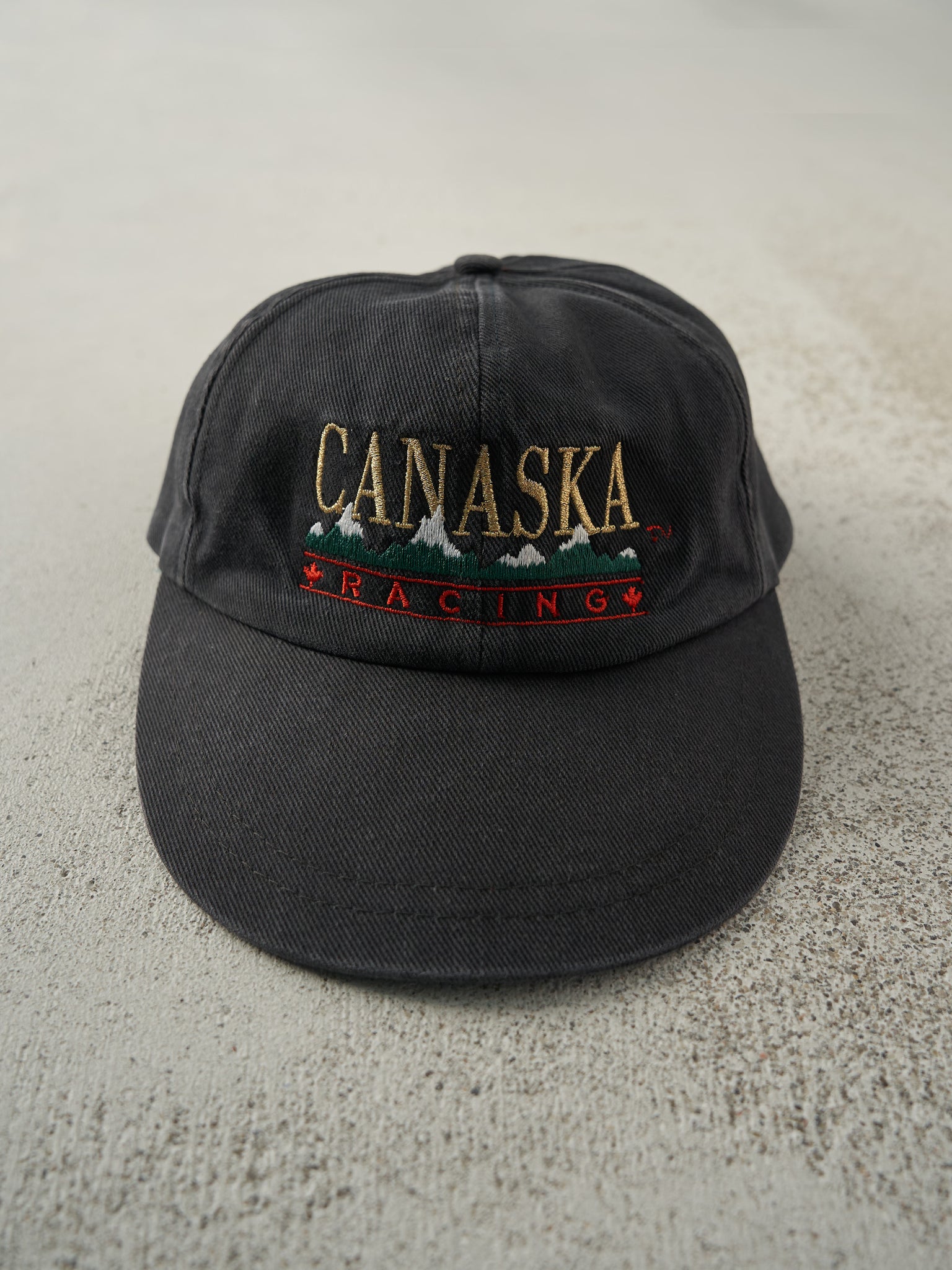 Vintage 93' Black Embroidered Canaska Racing Leather Strap Back Hat