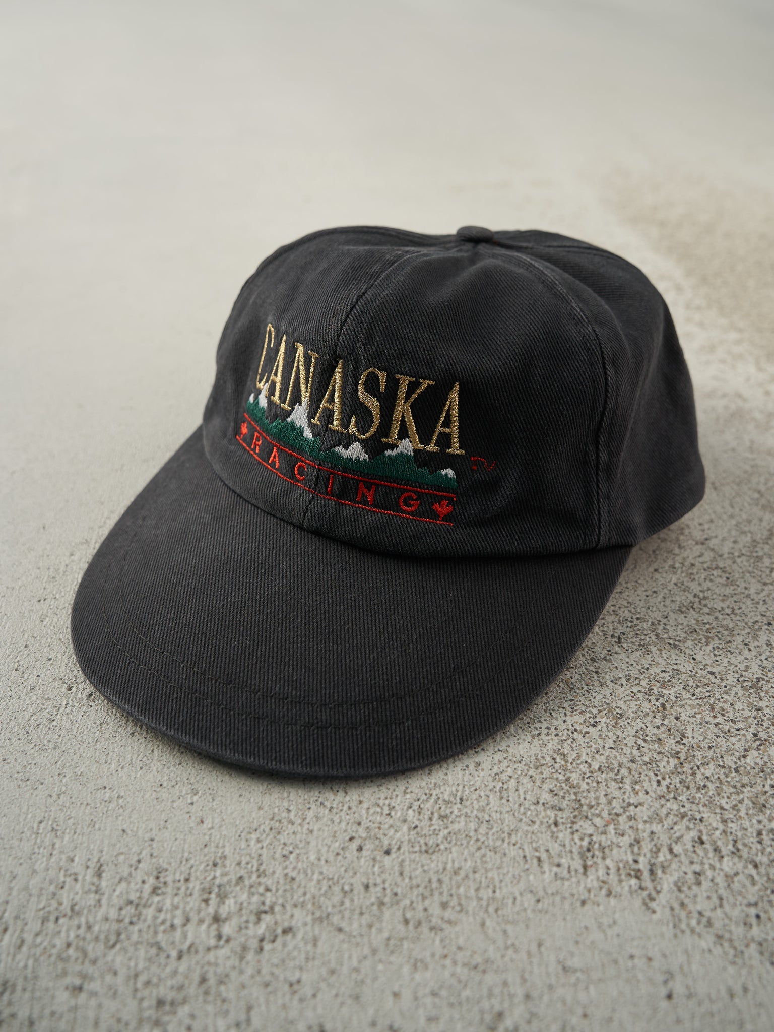 Vintage 93' Black Embroidered Canaska Racing Leather Strap Back Hat