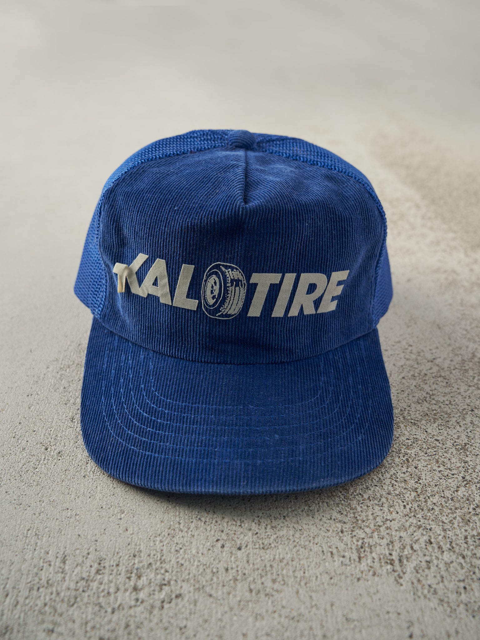 Vintage 80s Blue Kal Tire Corduroy Trucker Hat