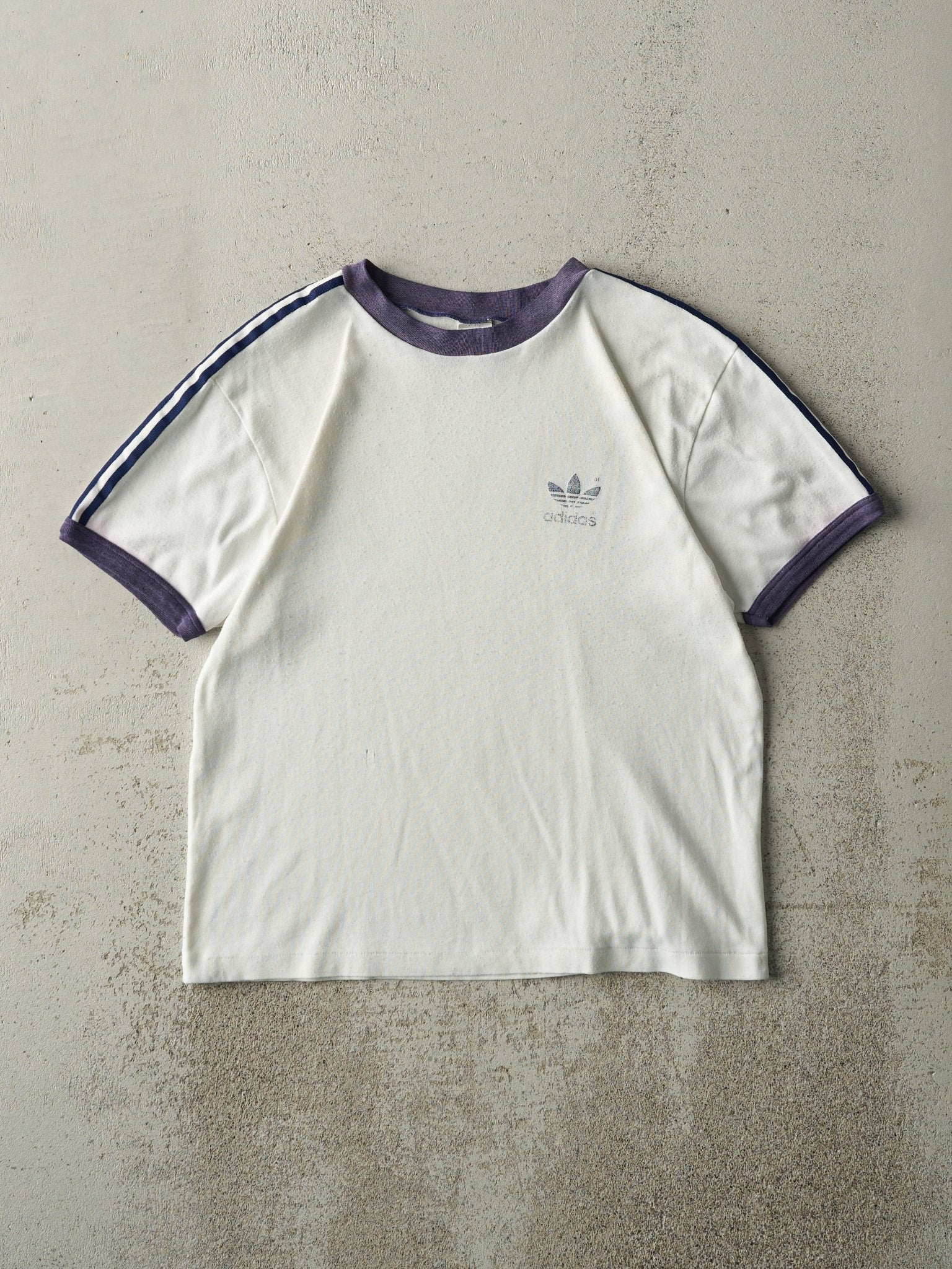 Vintage 80s White & Navy Blue Adidas Ringer Tee (M)