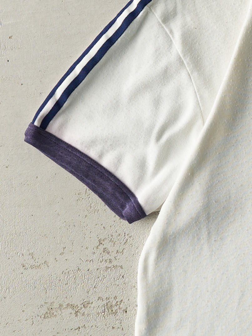 Vintage 80s White & Navy Blue Adidas Ringer Tee (M)