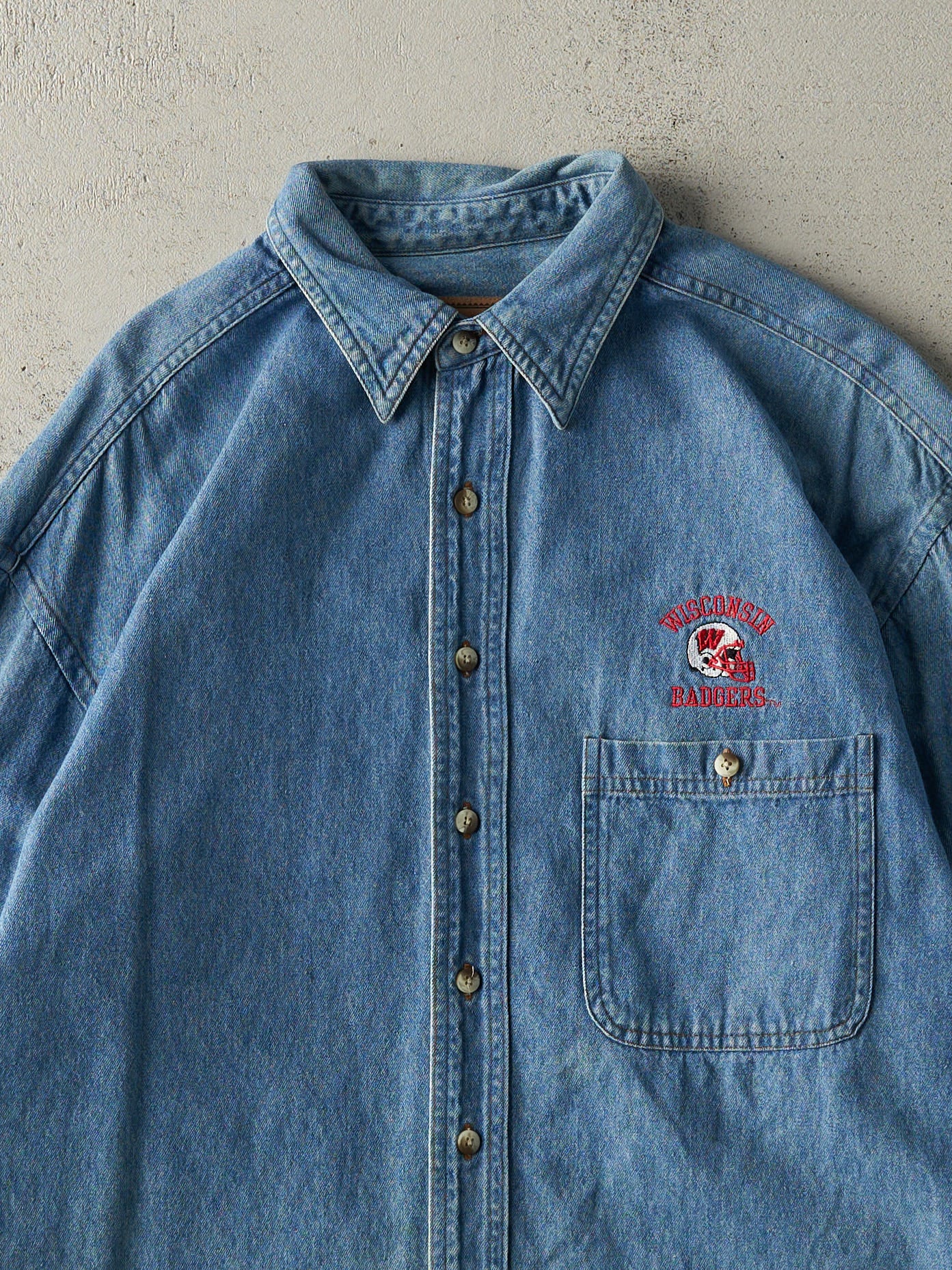 Vintage 90s Denim Embroidered Wisconsin Badgers Football Button Up (L)