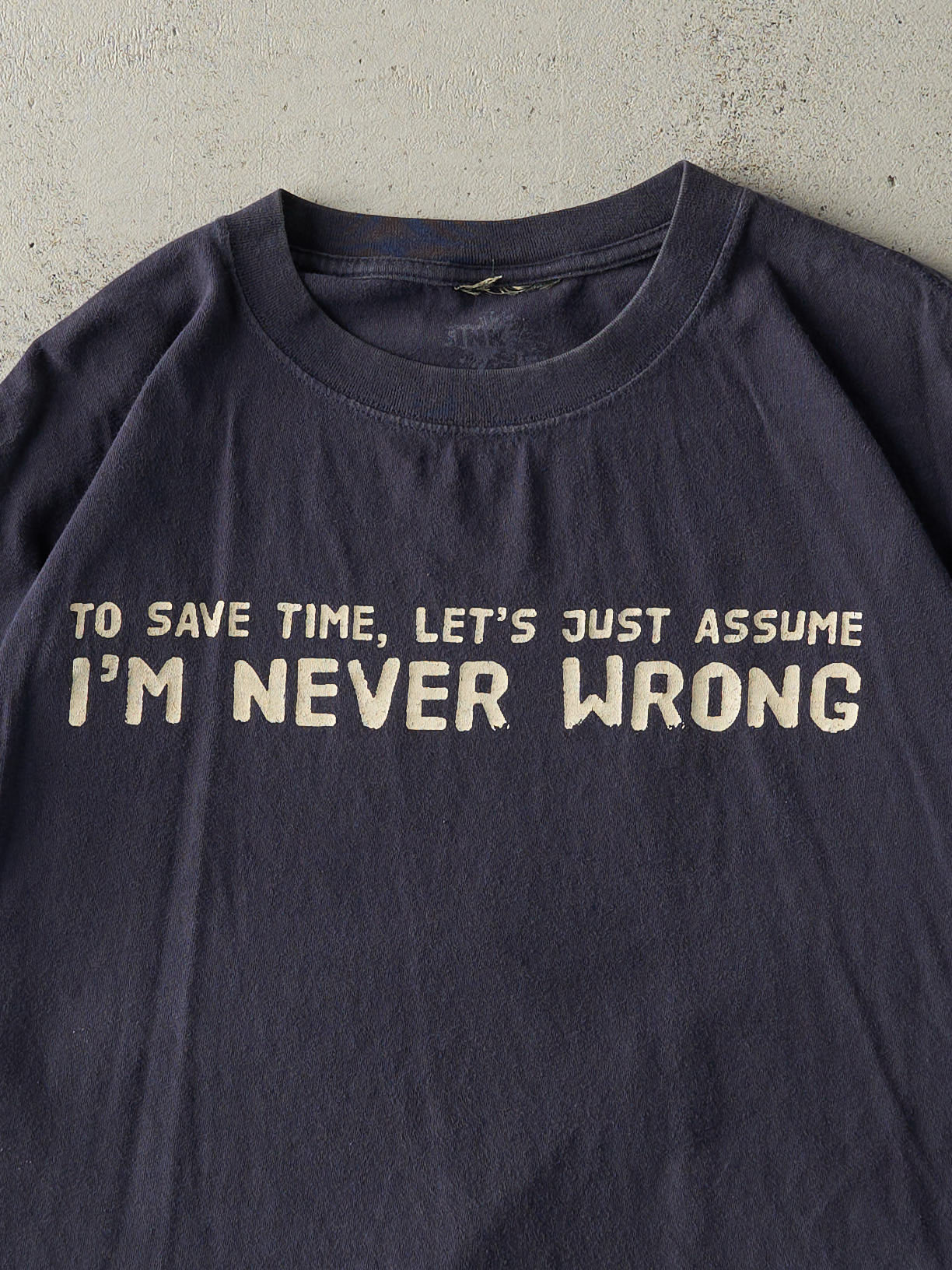 Vintage Y2K Navy Blue "I'm Never Wrong" Slogan Tee (XL)