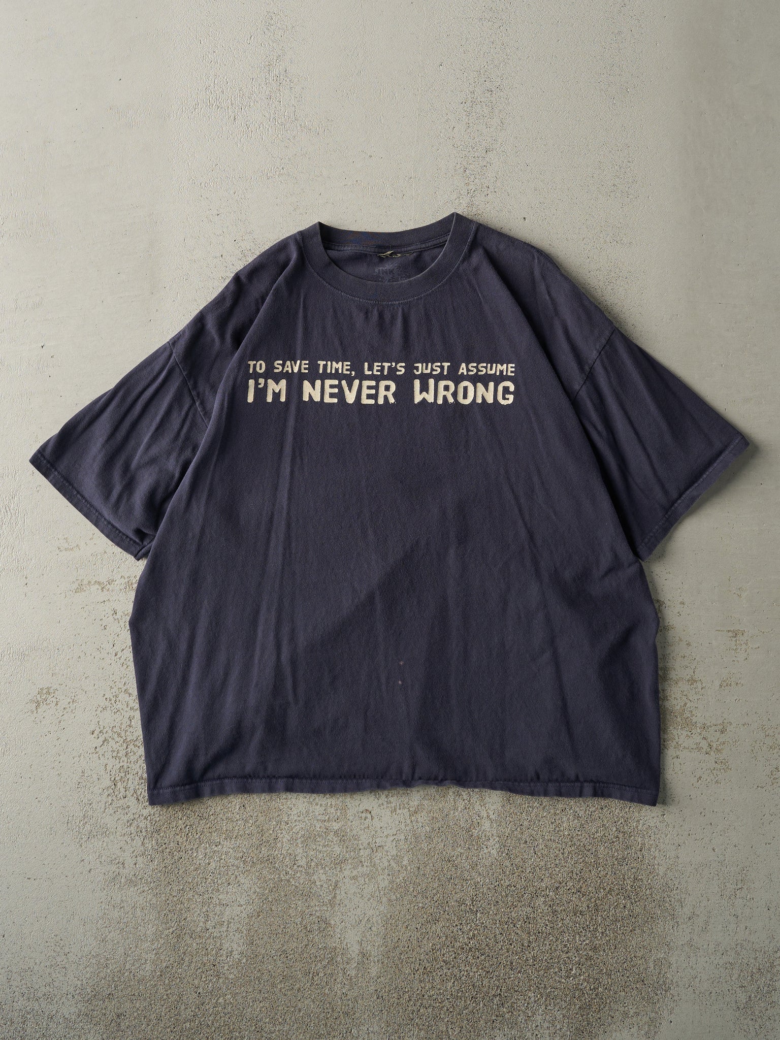 Vintage Y2K Navy Blue "I'm Never Wrong" Slogan Tee (XL)