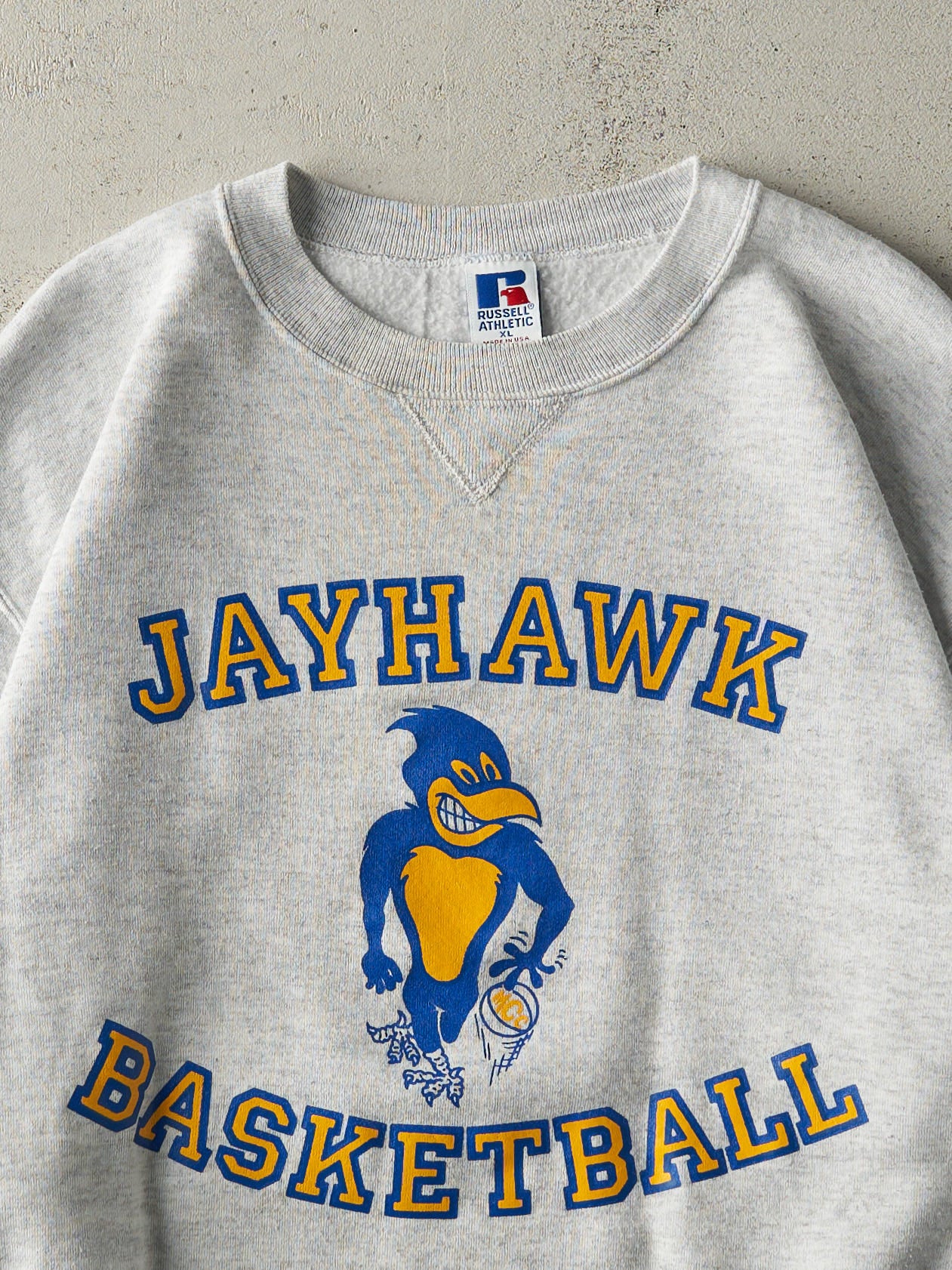 Vintage 90s Heather Grey Jayhawk Basketball Crewneck (L)