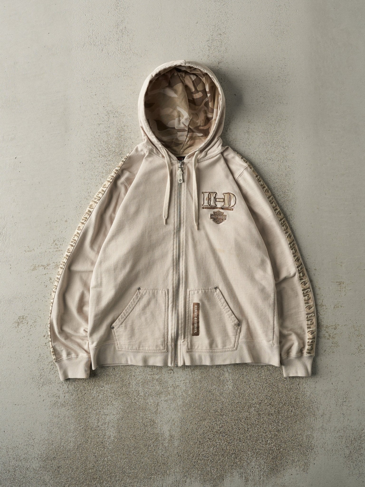 Vintage Y2K Beige La Fayette Los Angeles Harley Davidson Zip Up Hoodie (M)