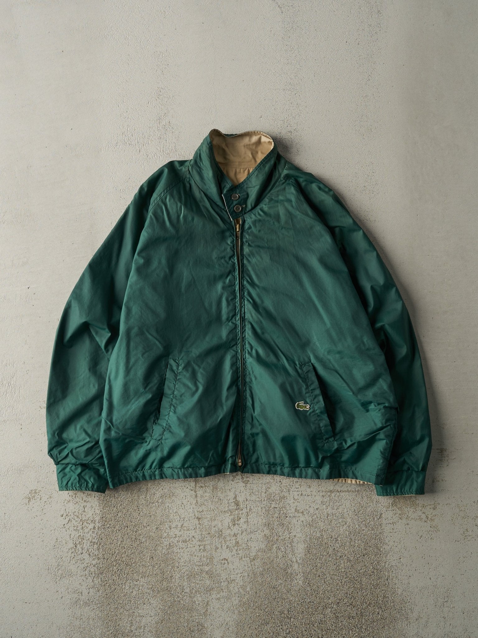 Vintage 80s Green & Beige Lacoste Reversible Windbreaker Harrington Jacket (L/XL)