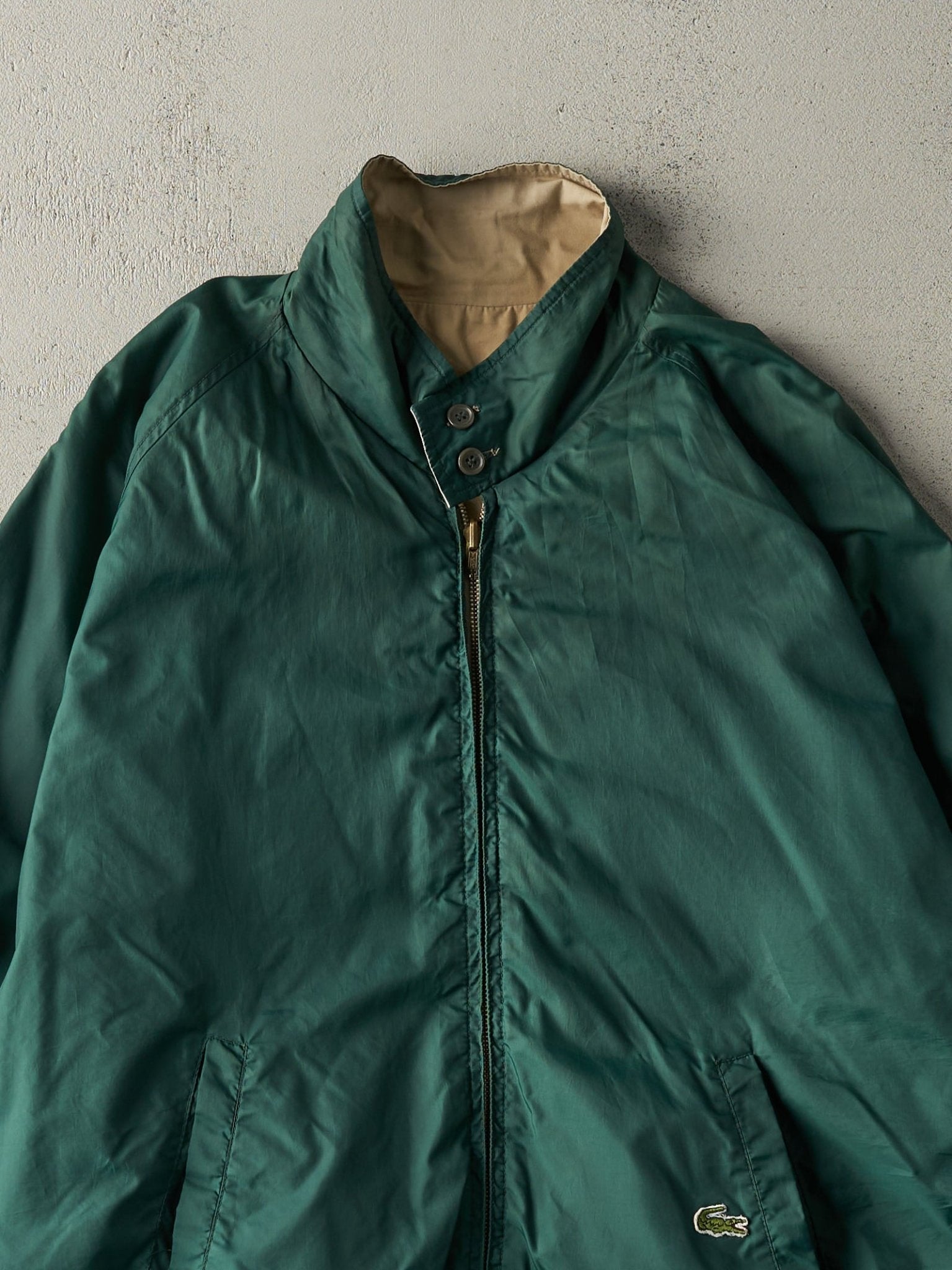 Vintage 80s Green & Beige Lacoste Reversible Windbreaker Harrington Jacket (L/XL)