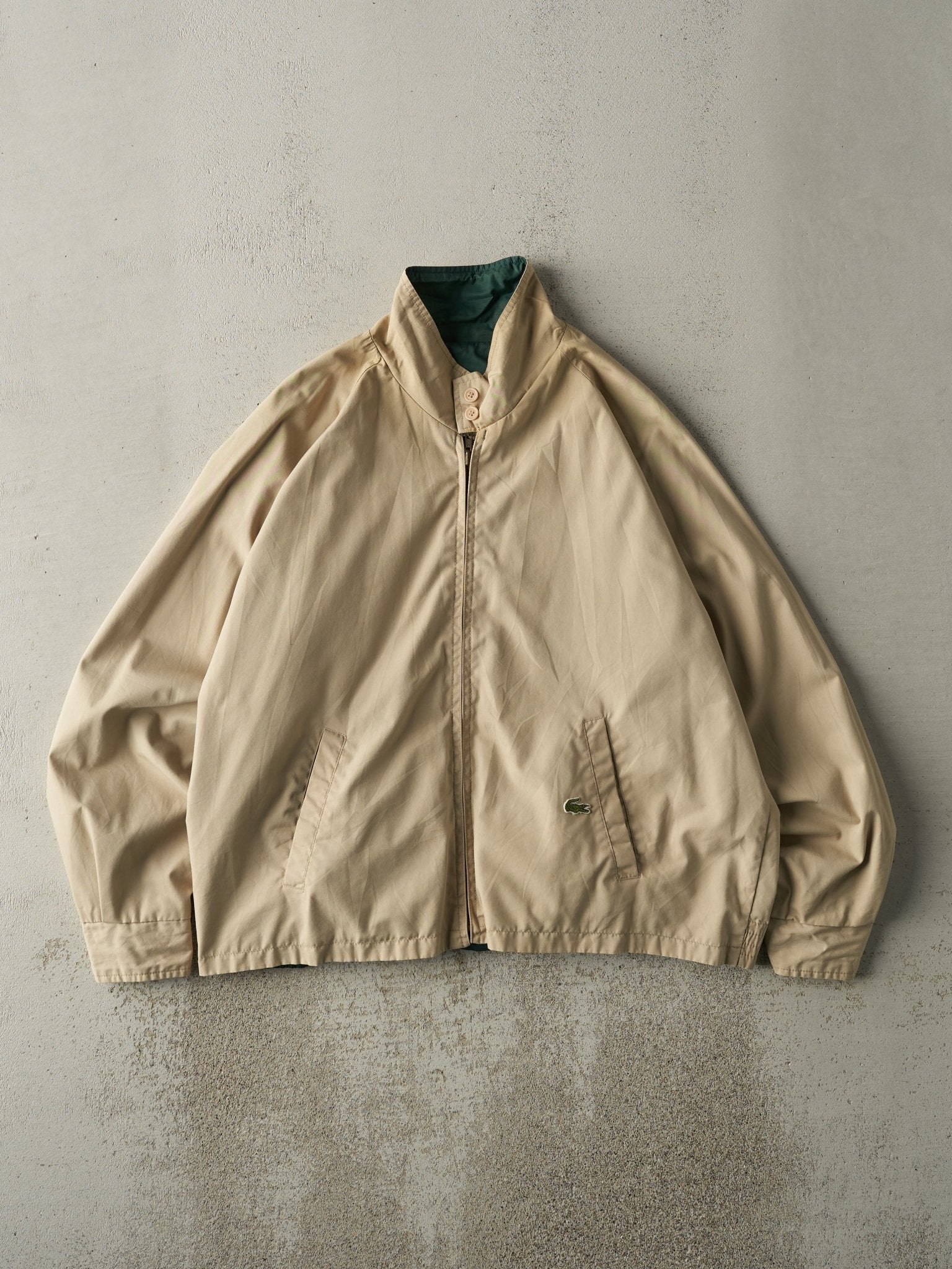 Vintage 80s Green & Beige Lacoste Reversible Windbreaker Harrington Jacket (L/XL)