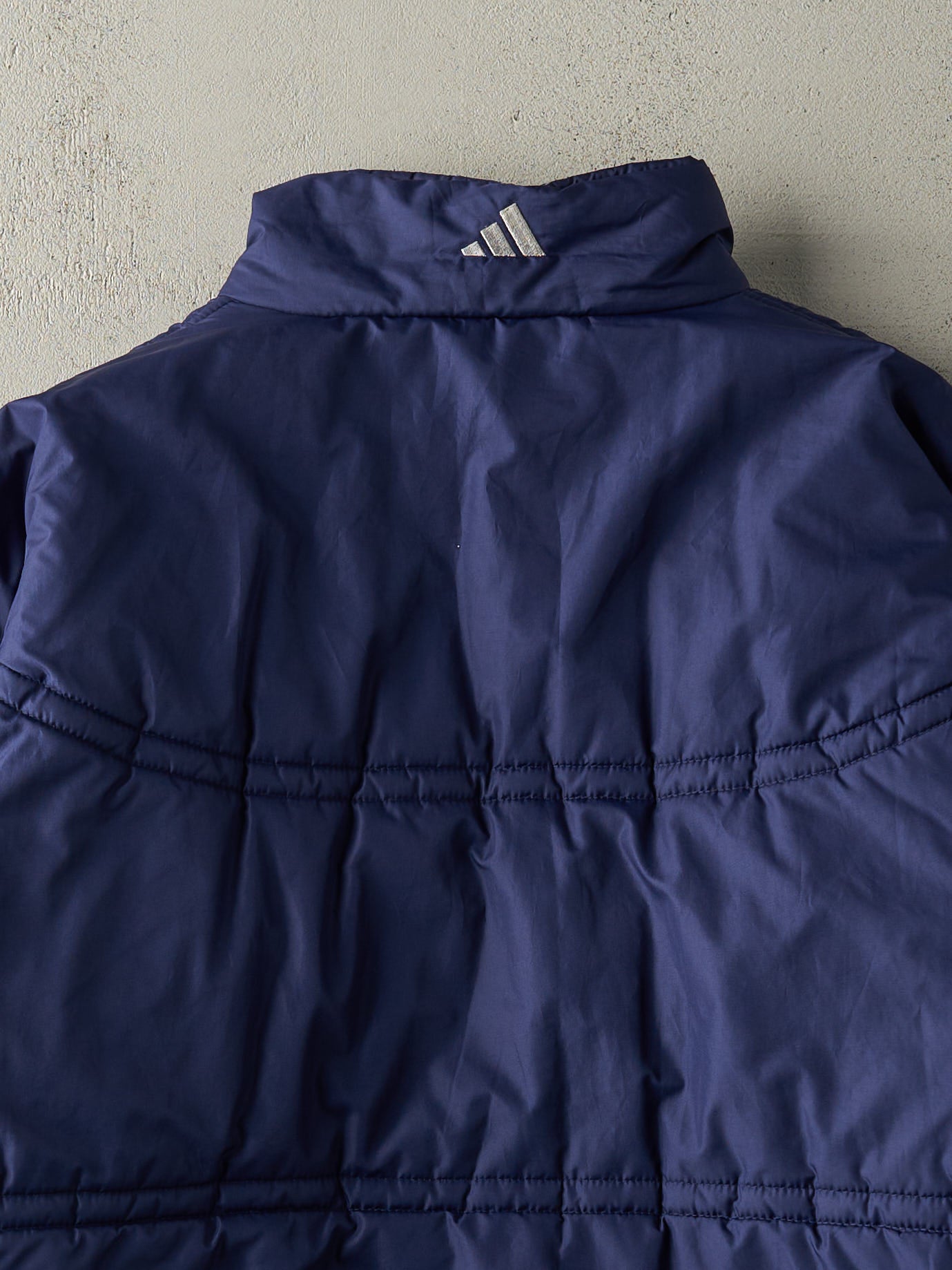 Vintage 90s Navy Blue Embroidered Adidas Puffer Winter Jacket (L/XL)