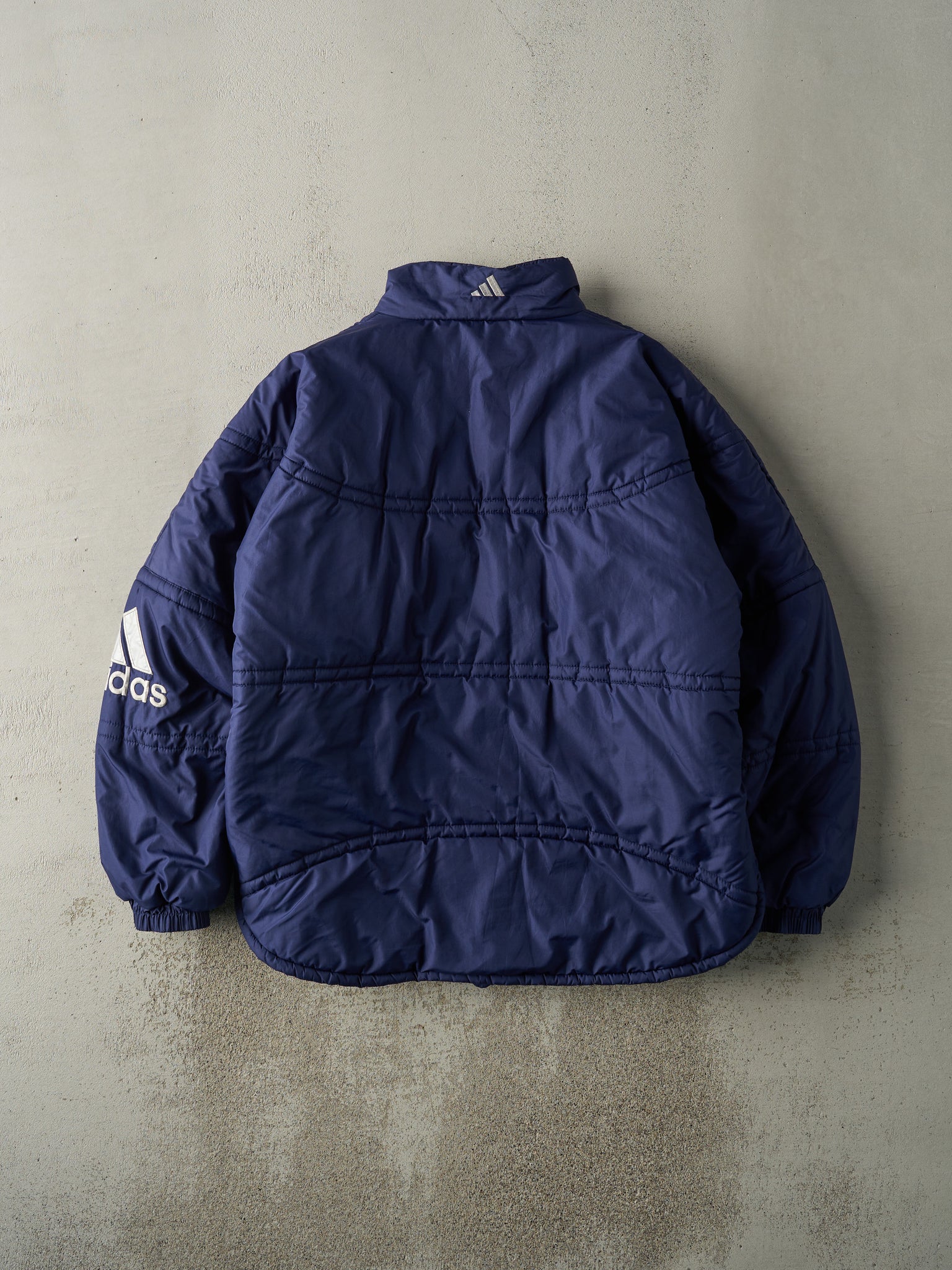 Vintage 90s Navy Blue Embroidered Adidas Puffer Winter Jacket (L/XL)