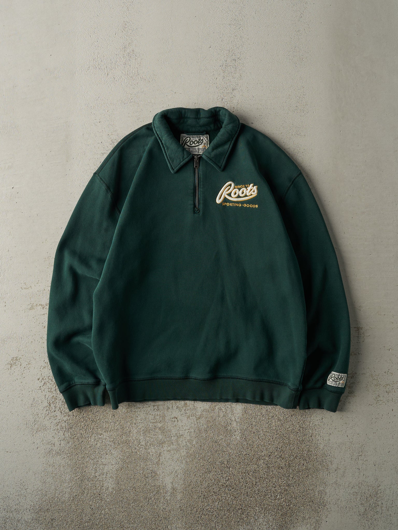 Vintage 90s Green Roots Embroidered Quarter Zip Sweatshirt (L)