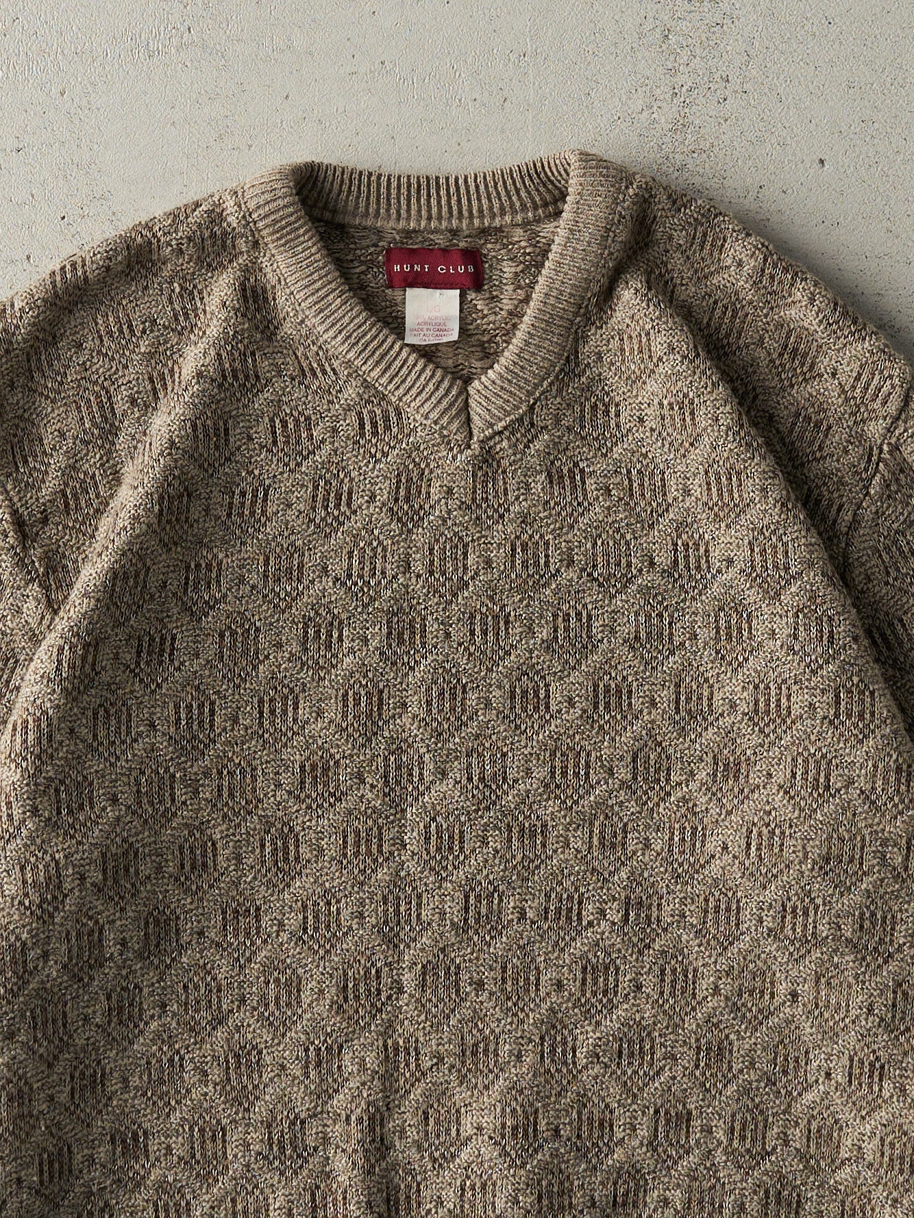 Vintage 90s Beige Patterned V Neck Knit (M)