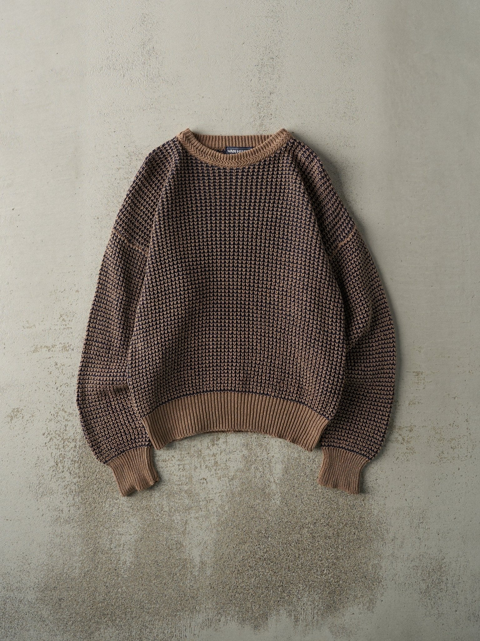 Vintage Y2K Beige & Navy Textured Knit Pullover (M)