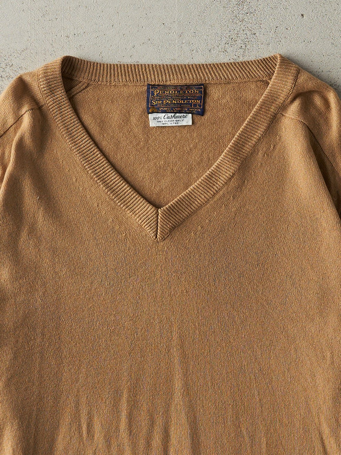 Vintage 50s Caramel Brown Pendleton V Neck Cashmere Knit Pullover (M)