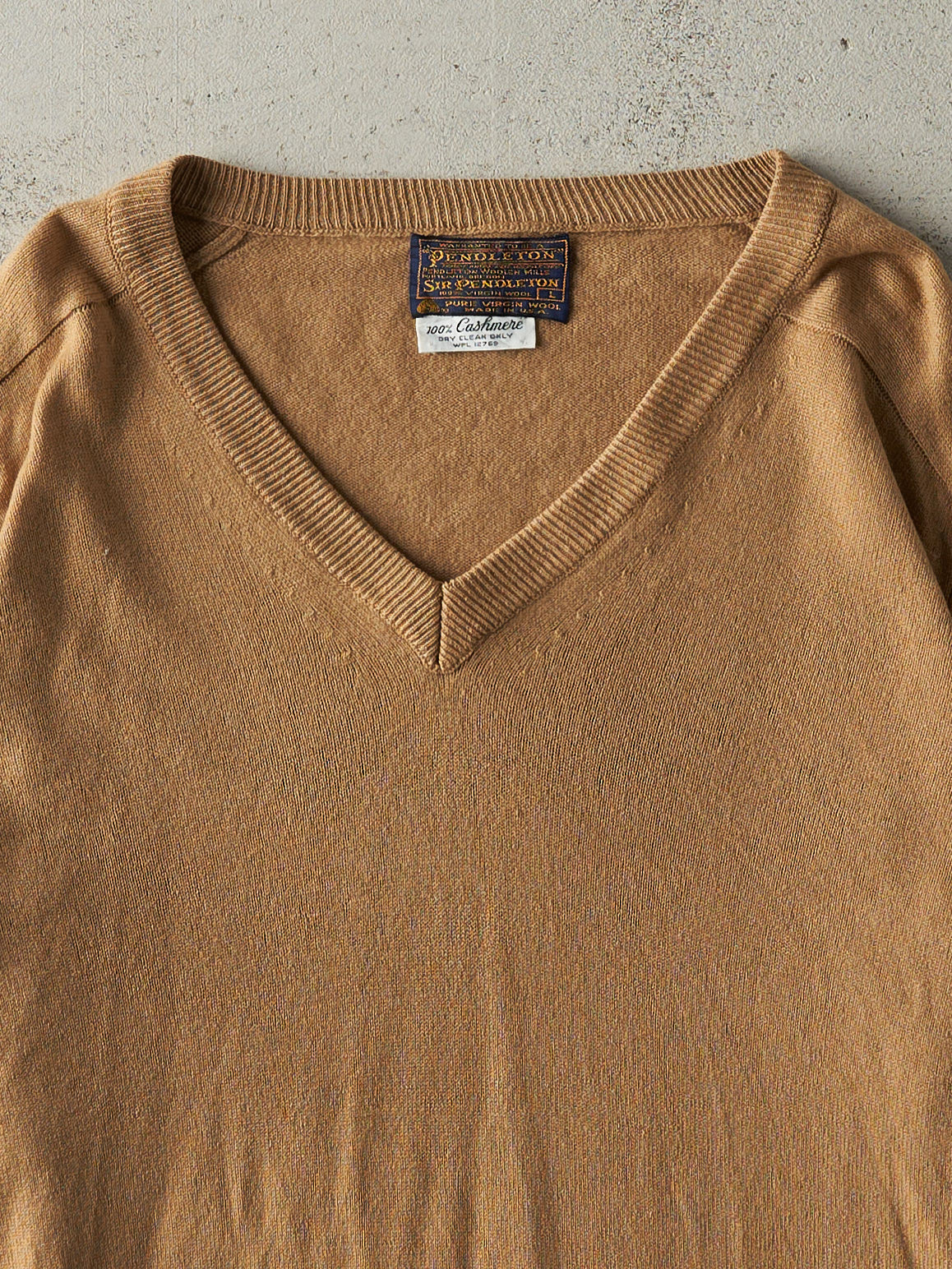 Vintage 50s Caramel Brown Pendleton V Neck Cashmere Knit Pullover (M)