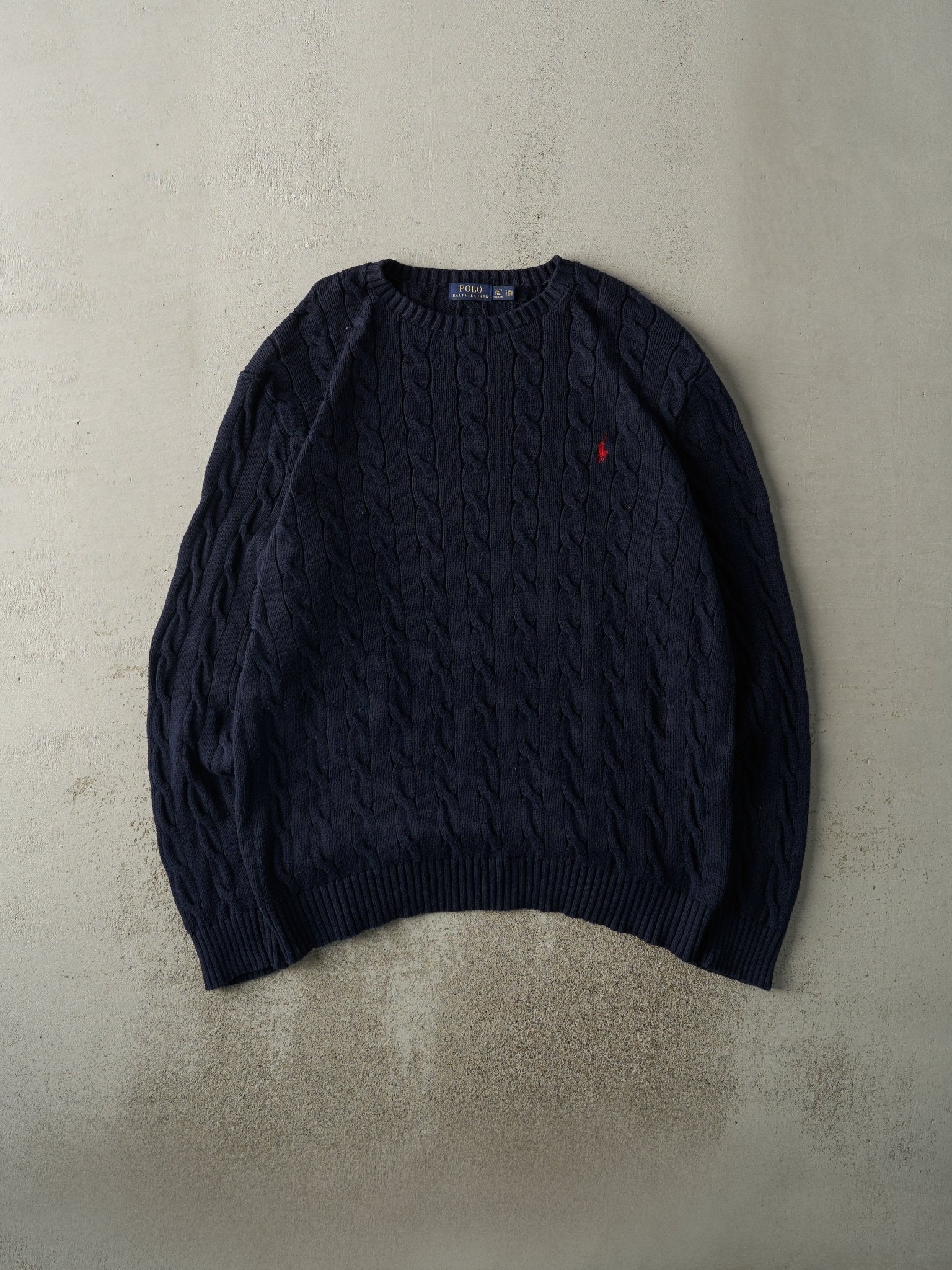 Vintage 90s Navy Blue Embroidered Polo Cable Knit Pullover (XL/XXL)