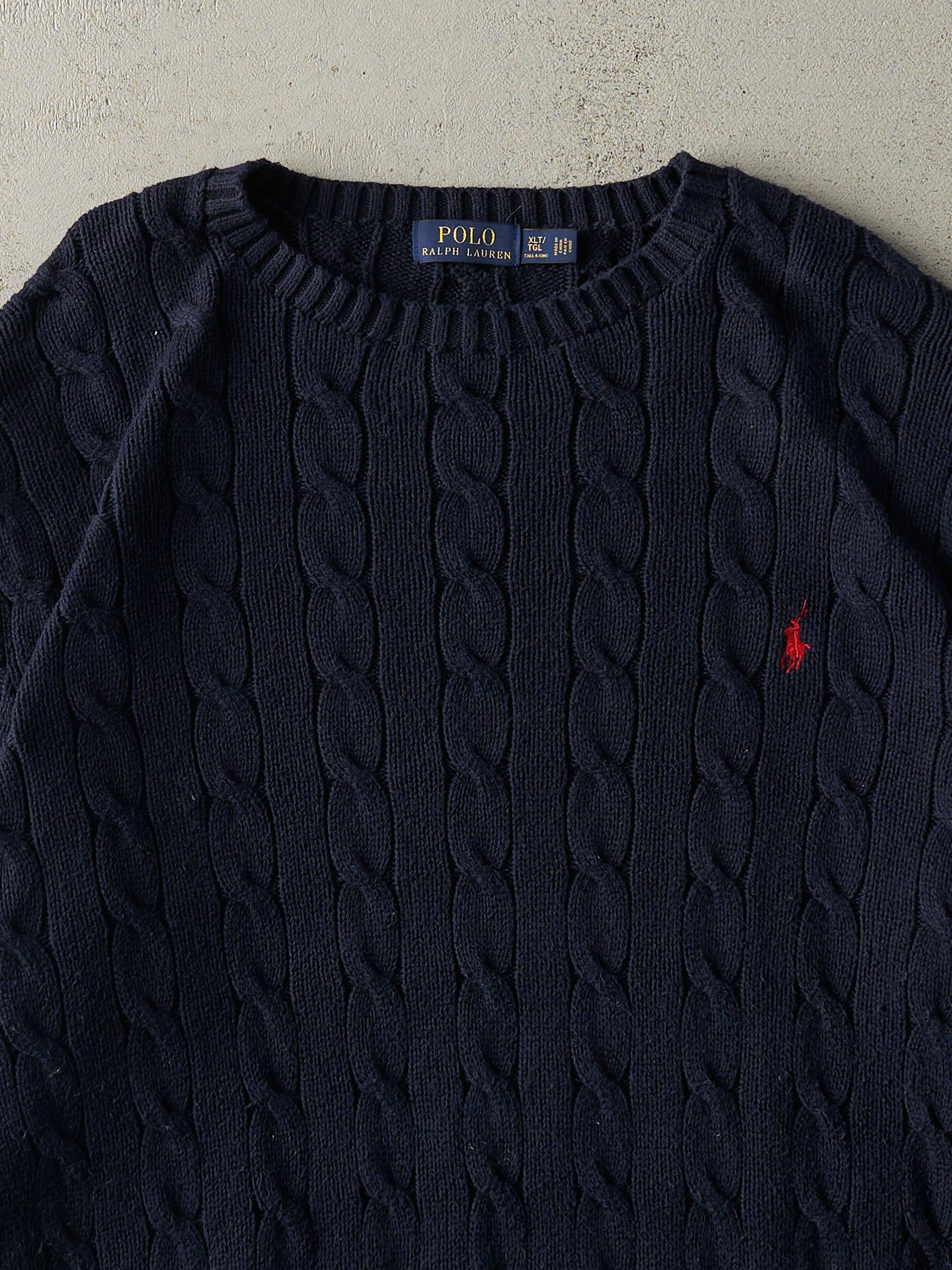 Vintage 90s Navy Blue Embroidered Polo Cable Knit Pullover (XL/XXL)