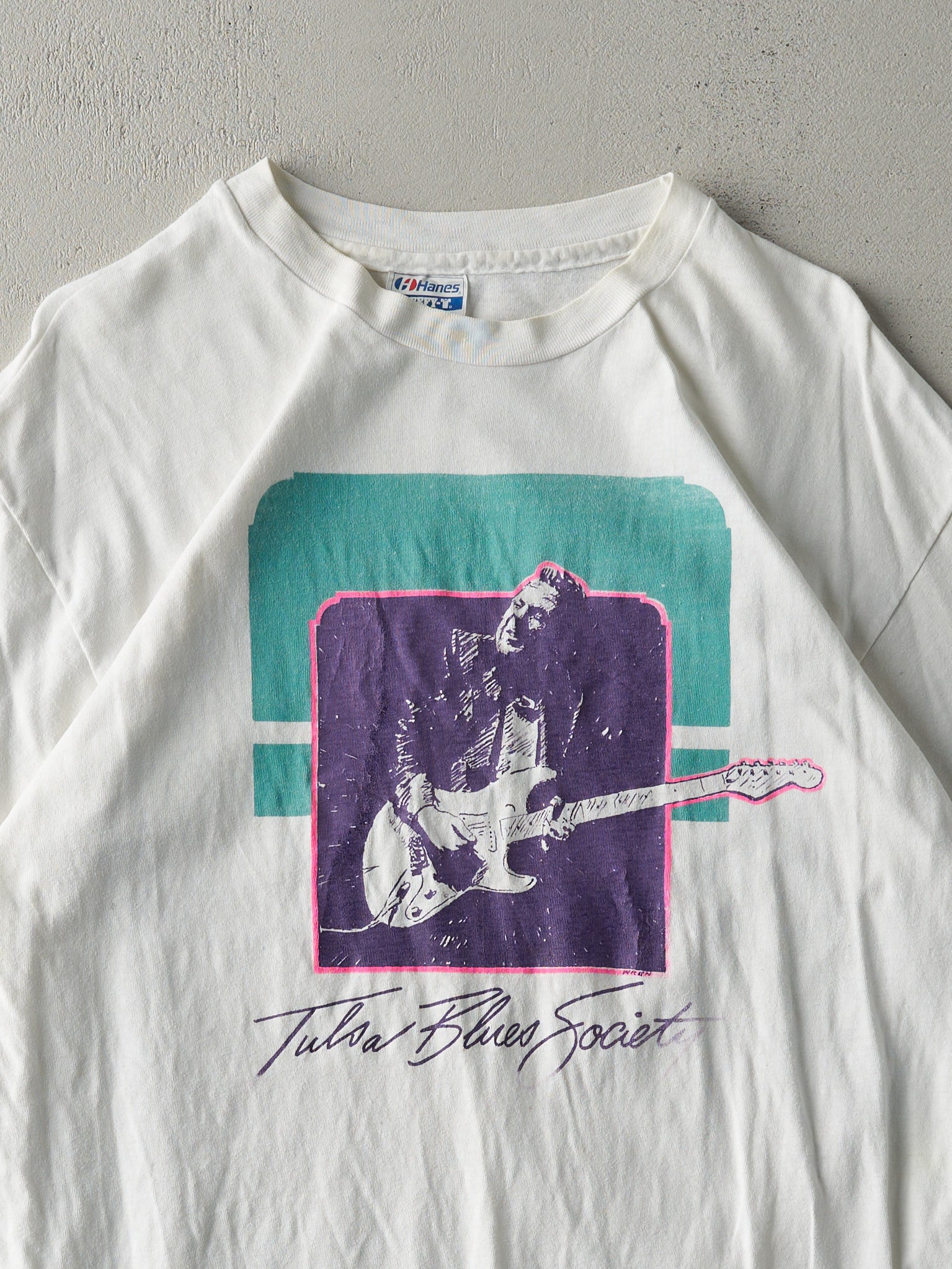 Vintage 80s White Tulsa Blues Society Single Stitch Long Tee (M)