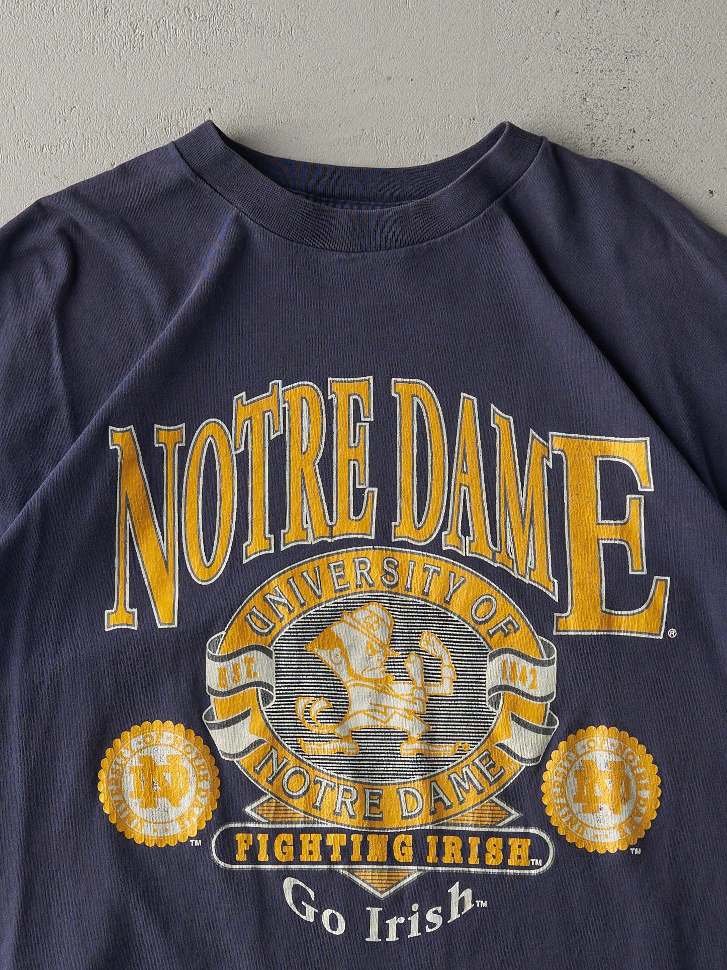 Vintage 90s Navy Blue Notre Dame Fighting Irish Single Stitch Tee (M/L)