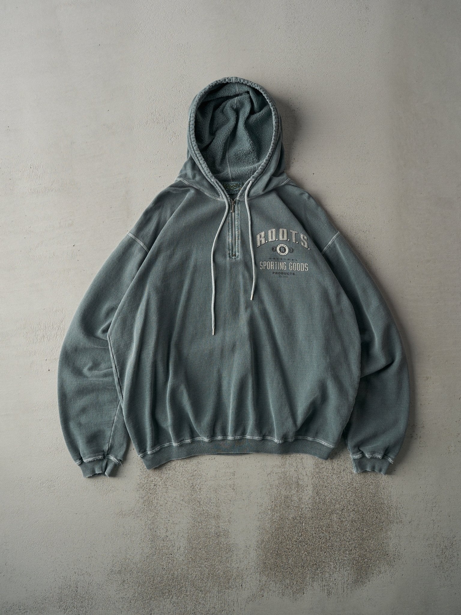 Vintage 90s RARE Washed Green Quarter Zip Roots Sporting Goods Hoodie (L/XL)