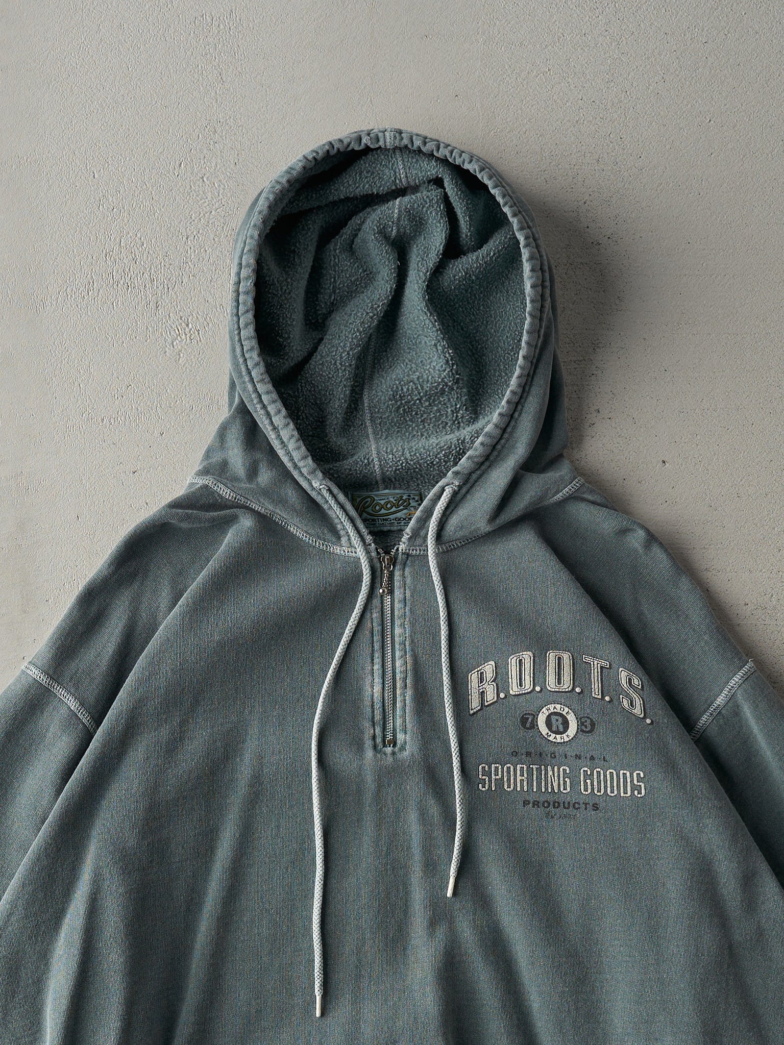 Vintage 90s RARE Washed Green Quarter Zip Roots Sporting Goods Hoodie (L/XL)