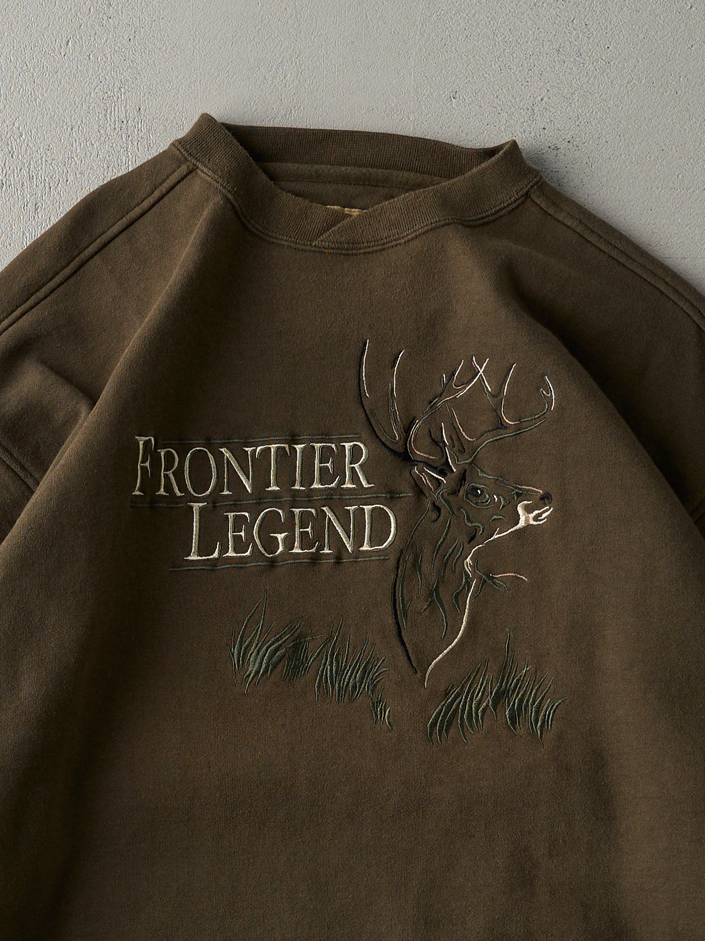 Vintage 90s Olive Green Embroidered Frontier Legend Crewneck (L)