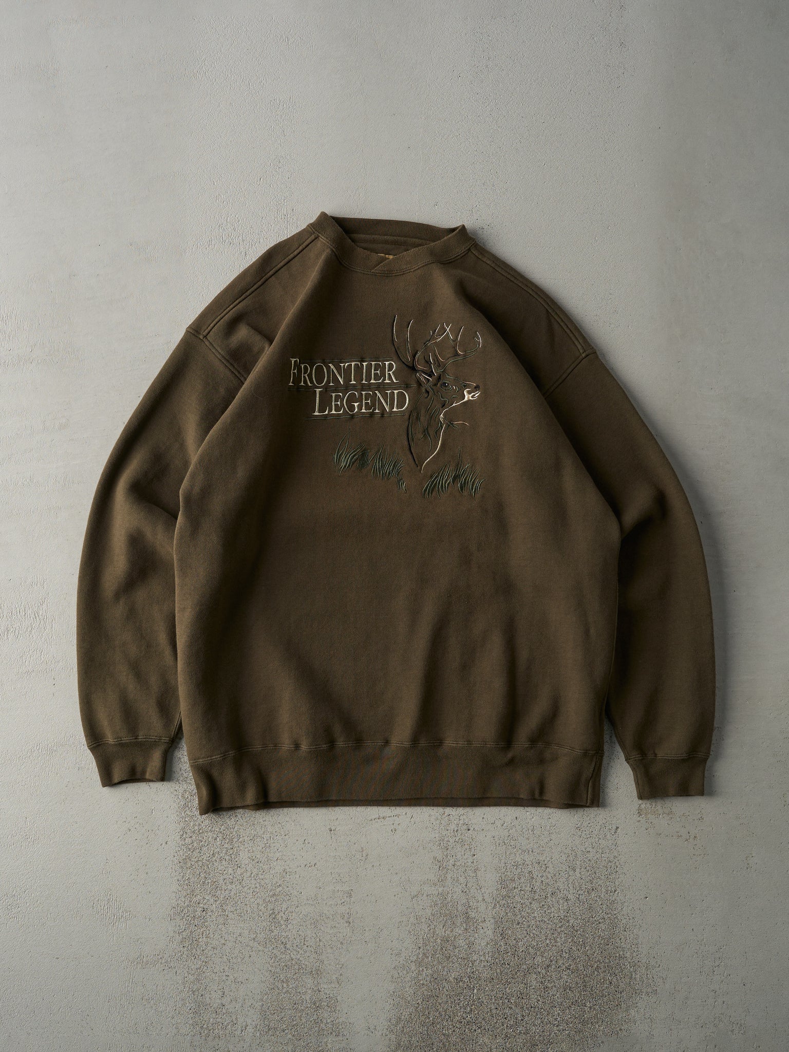 Vintage 90s Olive Green Embroidered Frontier Legend Crewneck (L)