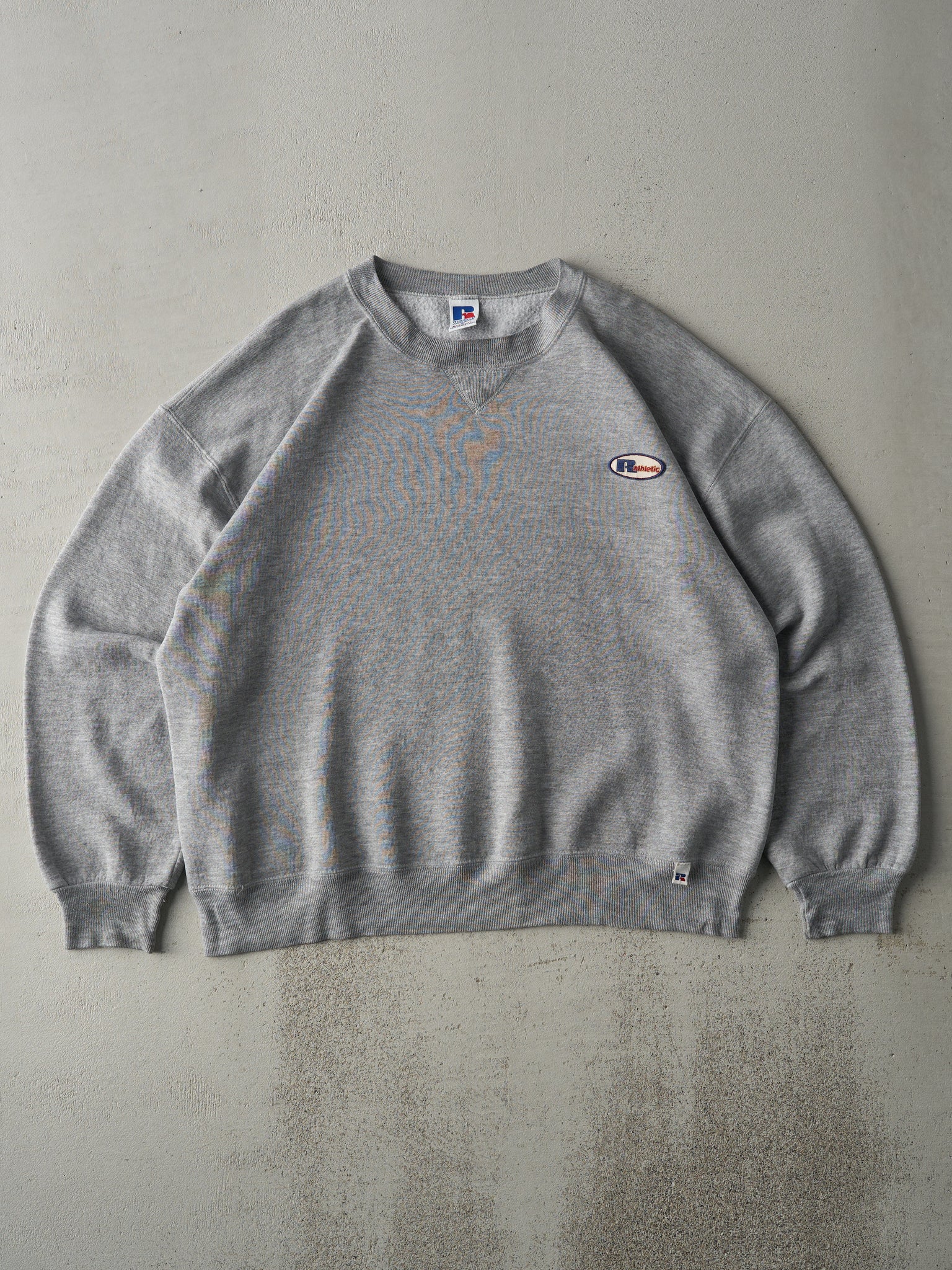 Vintage 90s RARE Grey Russell Athletics Patched Boxy Crewneck (L)