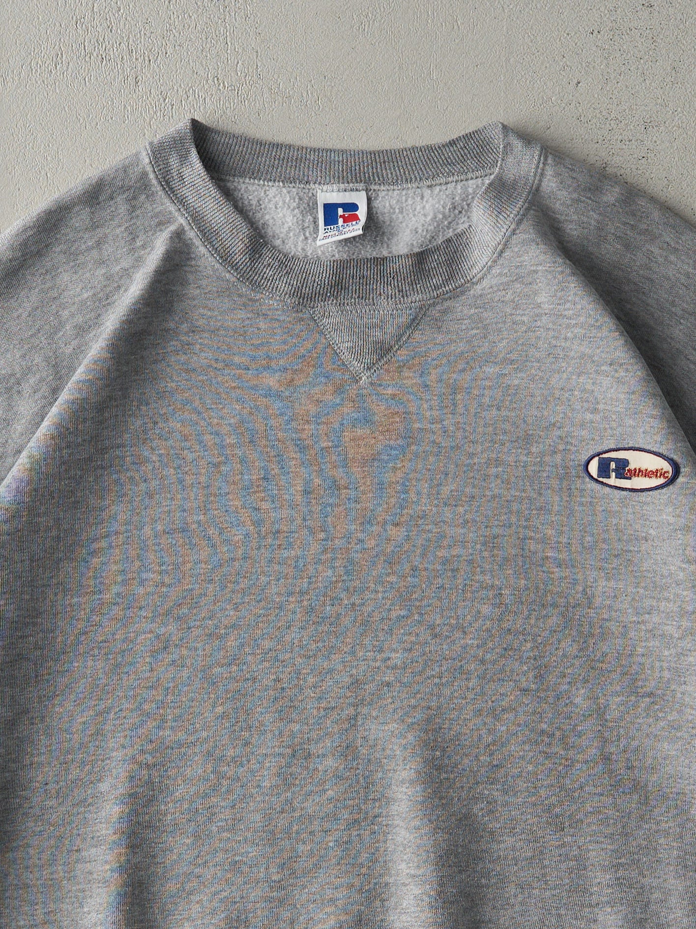 Vintage 90s RARE Grey Russell Athletics Patched Boxy Crewneck (L)