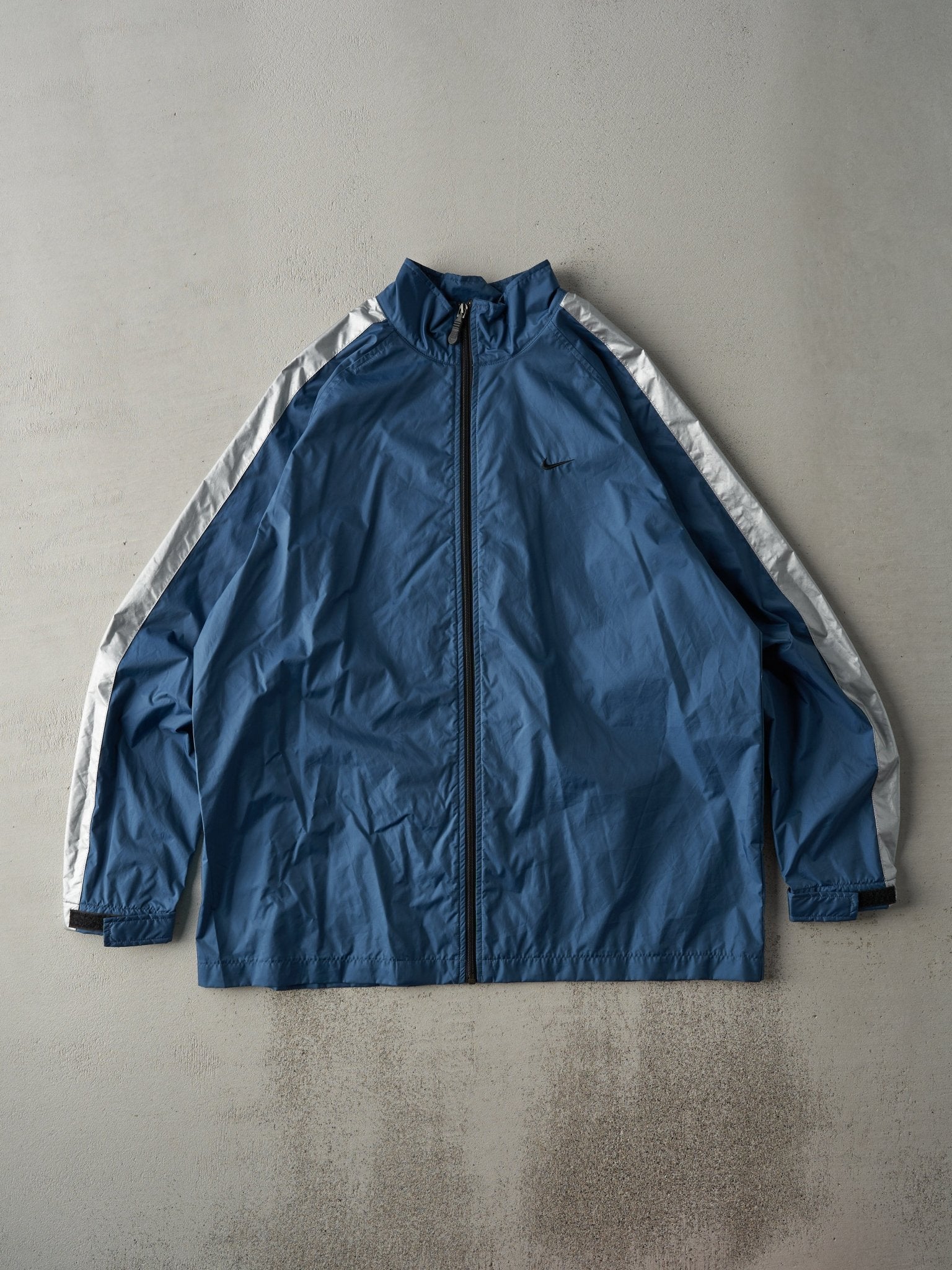 Vintage Y2K Slate Blue and Reflective Silver Nike Swoosh Windbreaker Jacket (L)