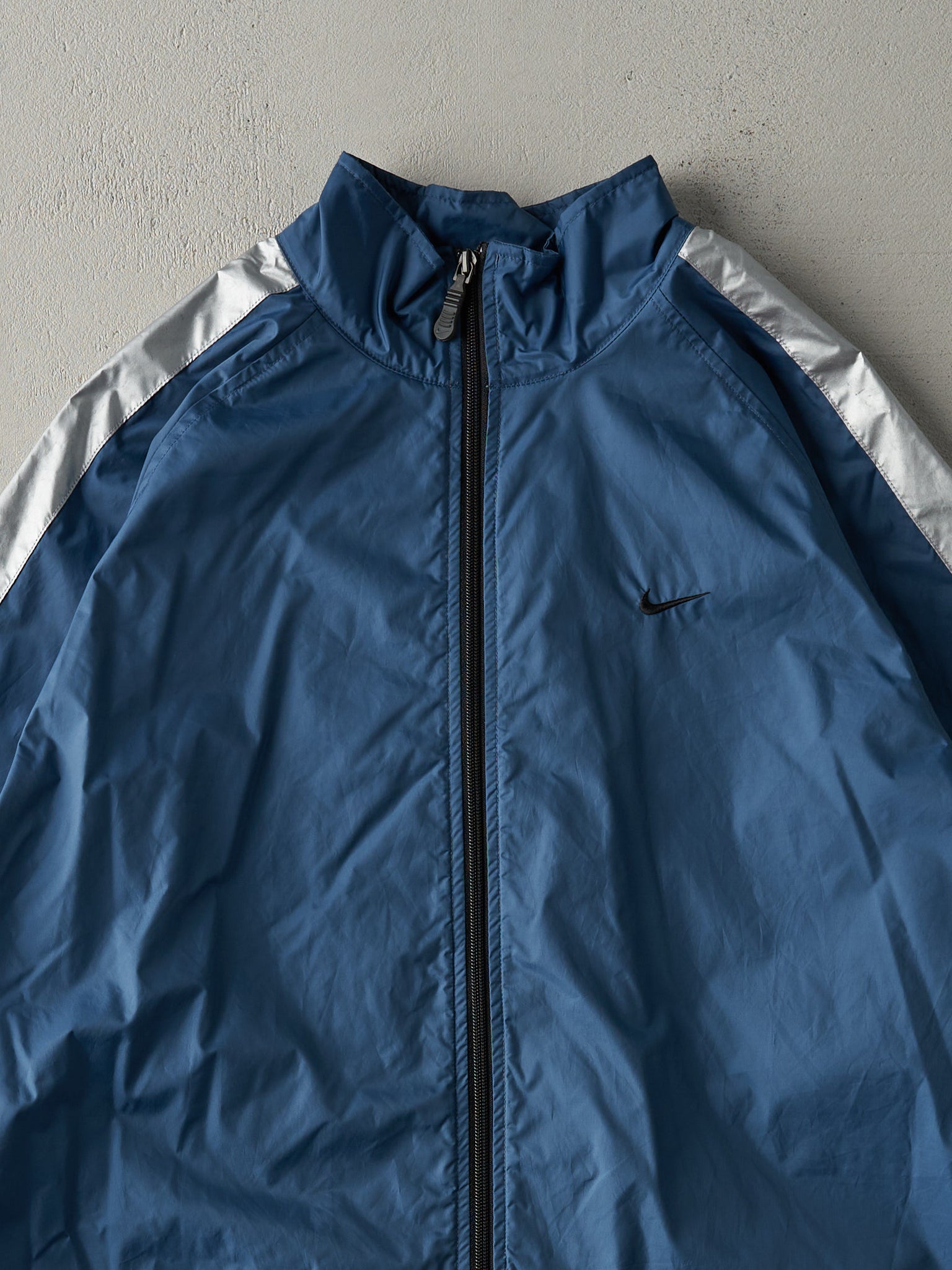Vintage Y2K Slate Blue and Reflective Silver Nike Swoosh Windbreaker Jacket (L)