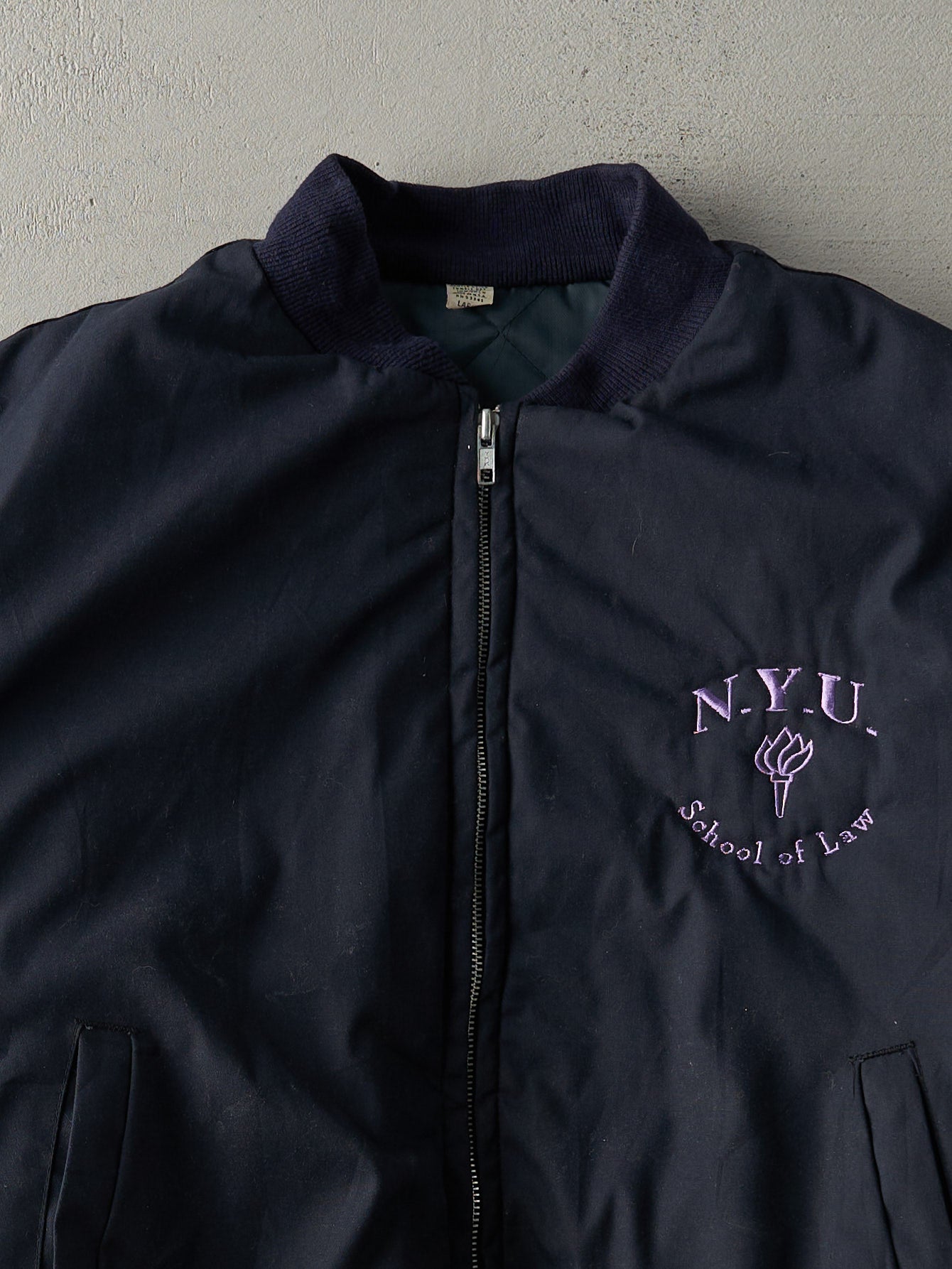 Vintage 80s Navy Blue NYU School of Law Bomber Jacket (L)