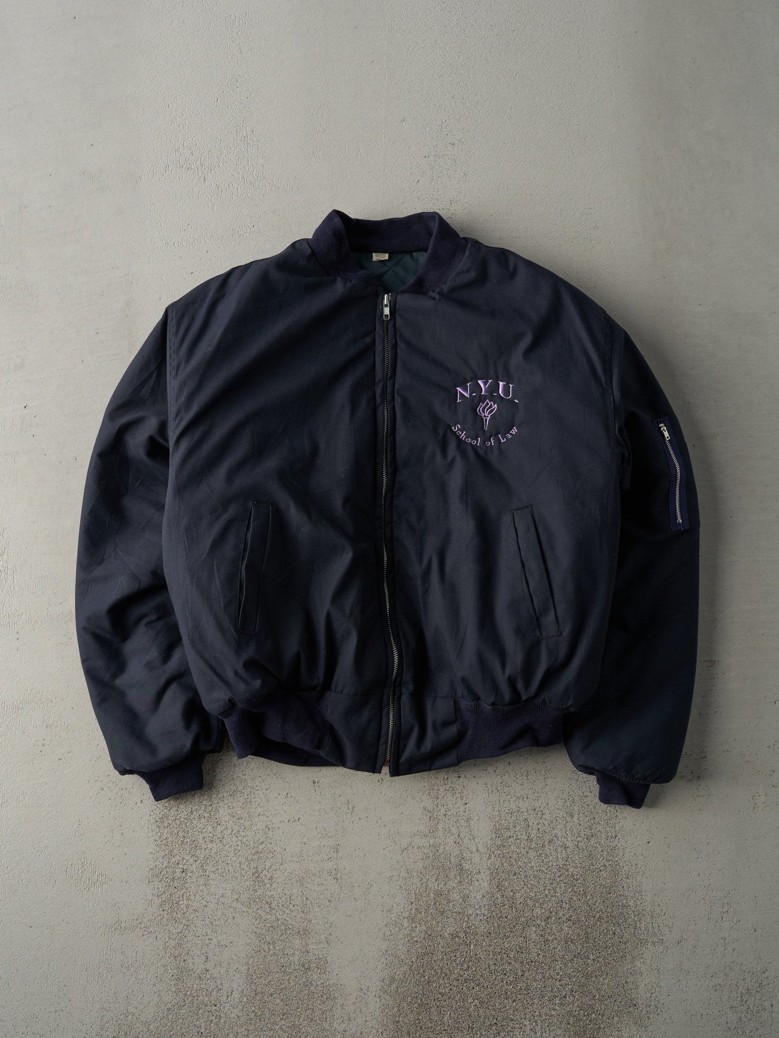 Vintage 80s Navy Blue NYU School of Law Bomber Jacket (L)