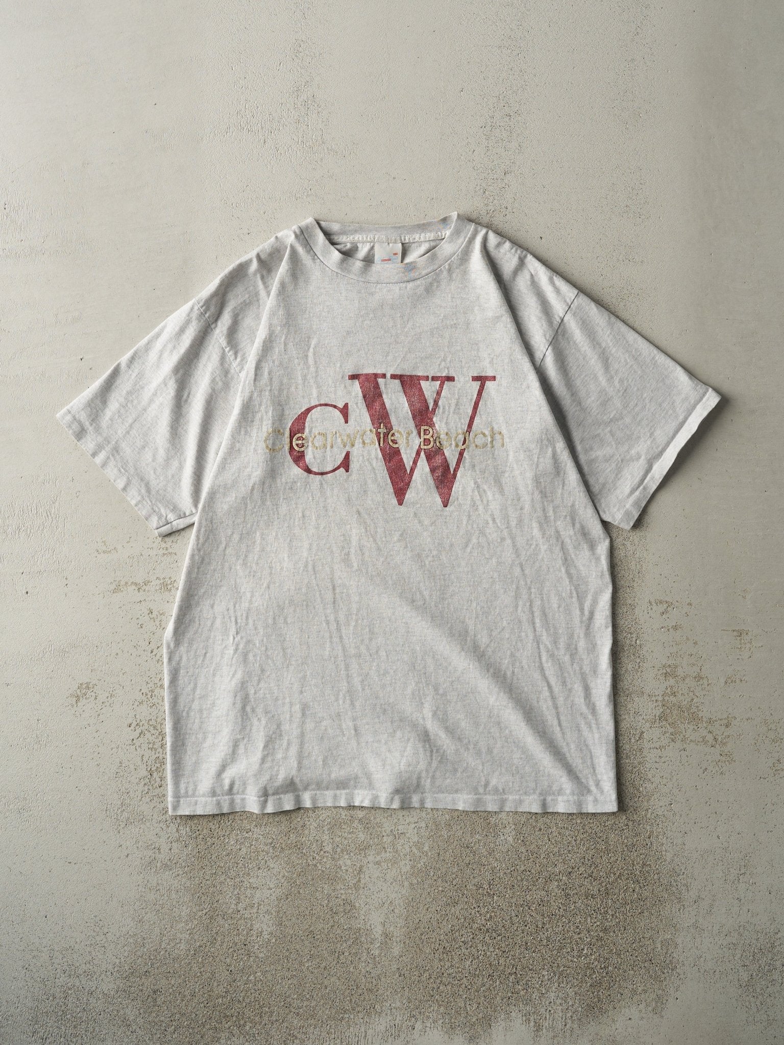 Vintage 90s Heather Grey Clearwater Beach Embroidered Single Stitch Tee (L)