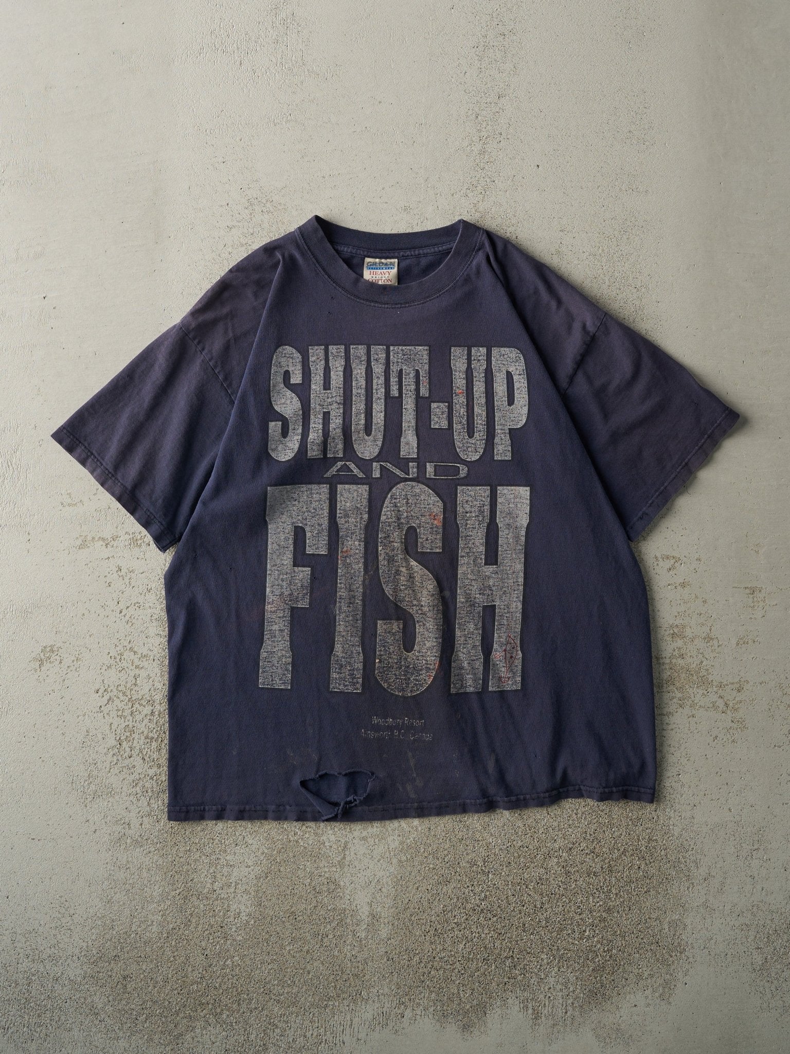 Vintage Y2K Navy Blue "Shut-Up And Fish" Tee (L)