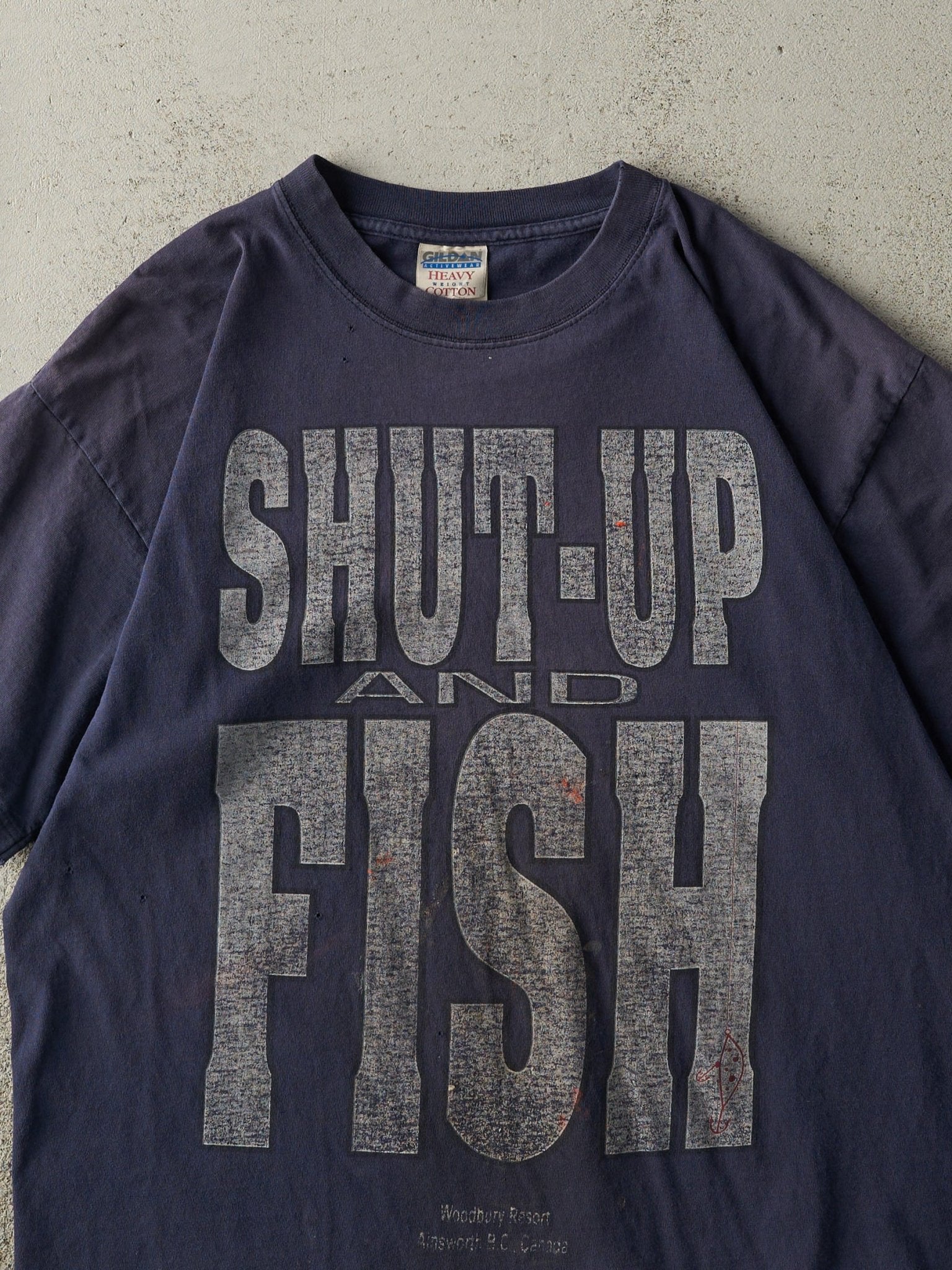 Vintage Y2K Navy Blue "Shut-Up And Fish" Tee (L)