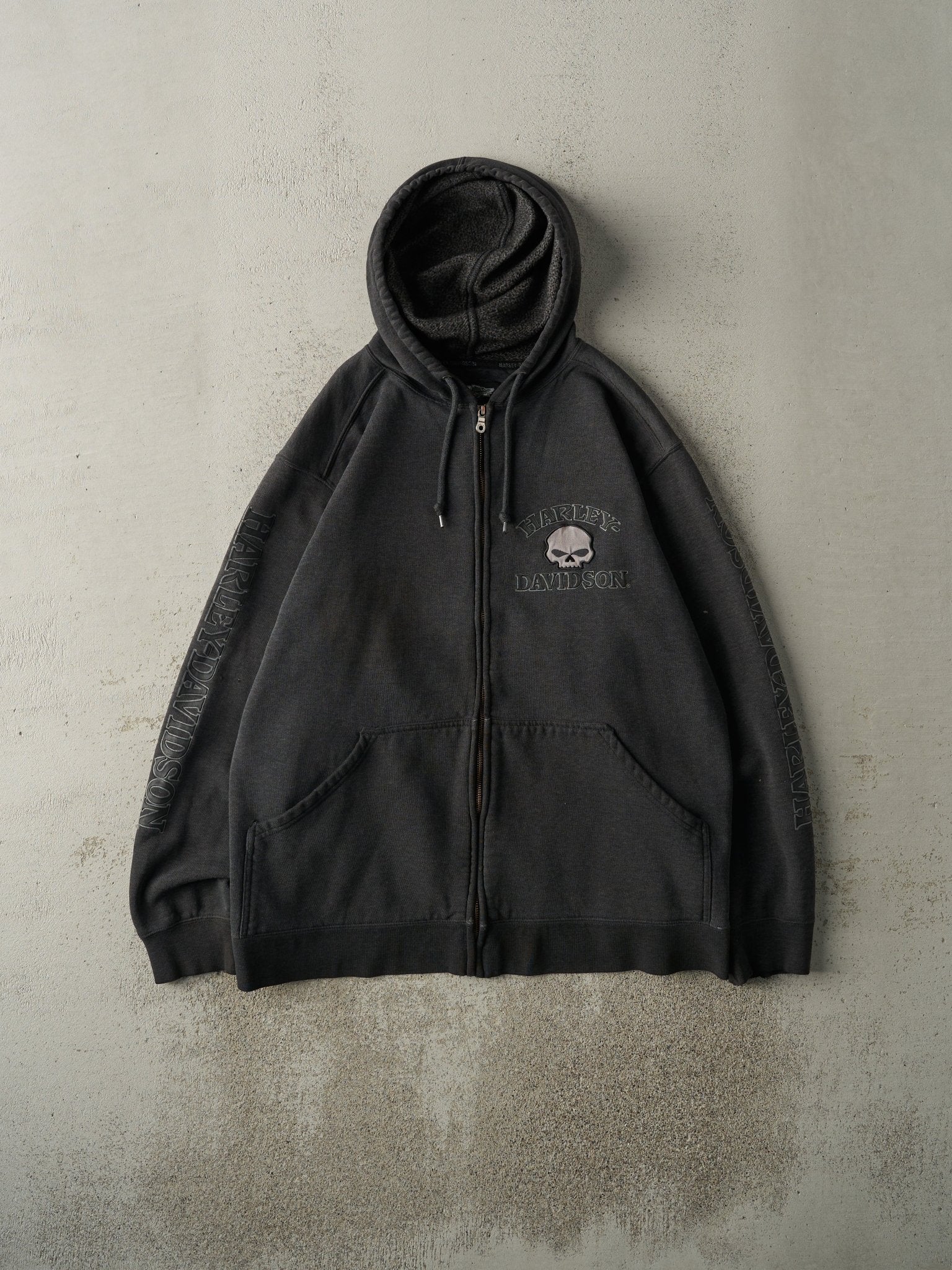 Vintage Y2K Charcoal Grey Embroiderd Harley Davidson Zip Up Hoodie (M/L)