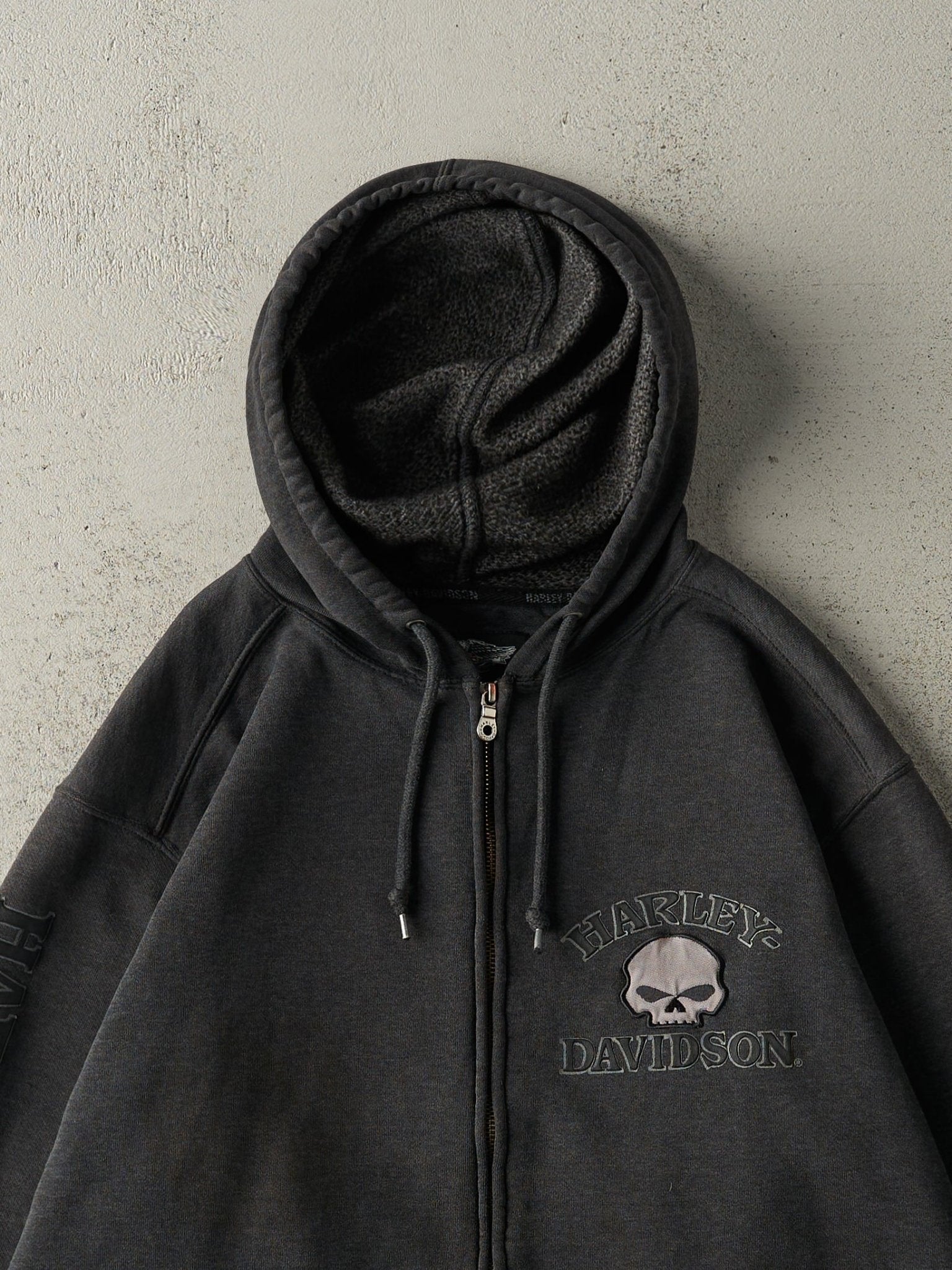 Vintage Y2K Charcoal Grey Embroiderd Harley Davidson Zip Up Hoodie (M/L)