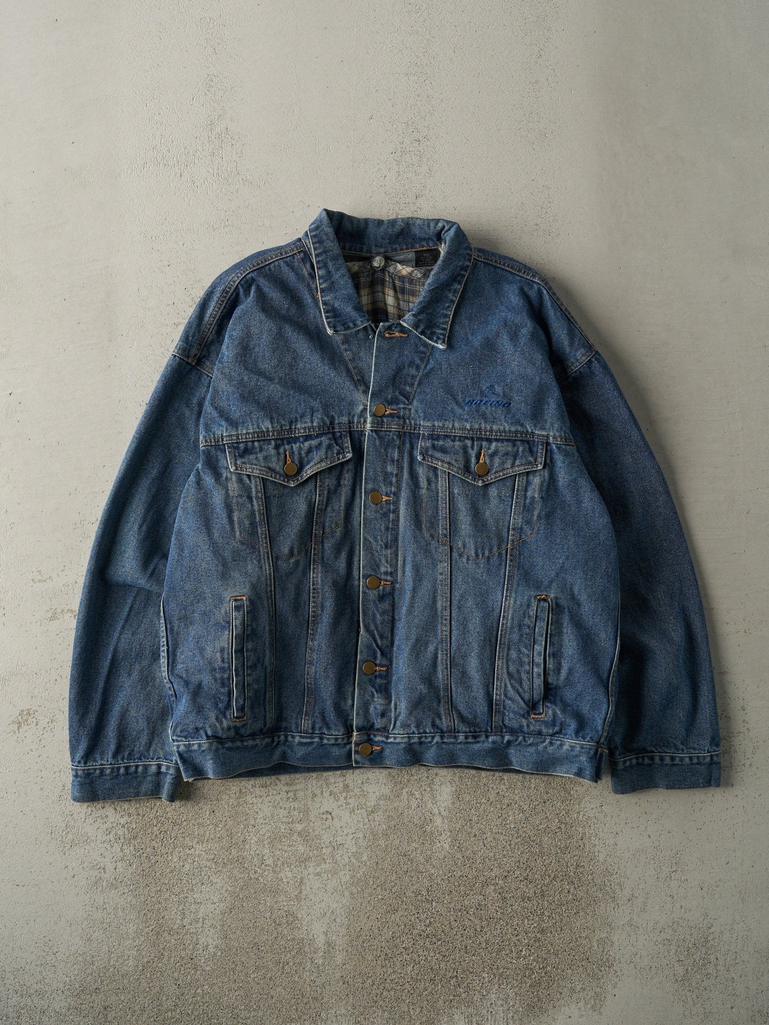 Vintage Y2K Dark Wash Embroidered Flannel Lined Denim Jacket (L)