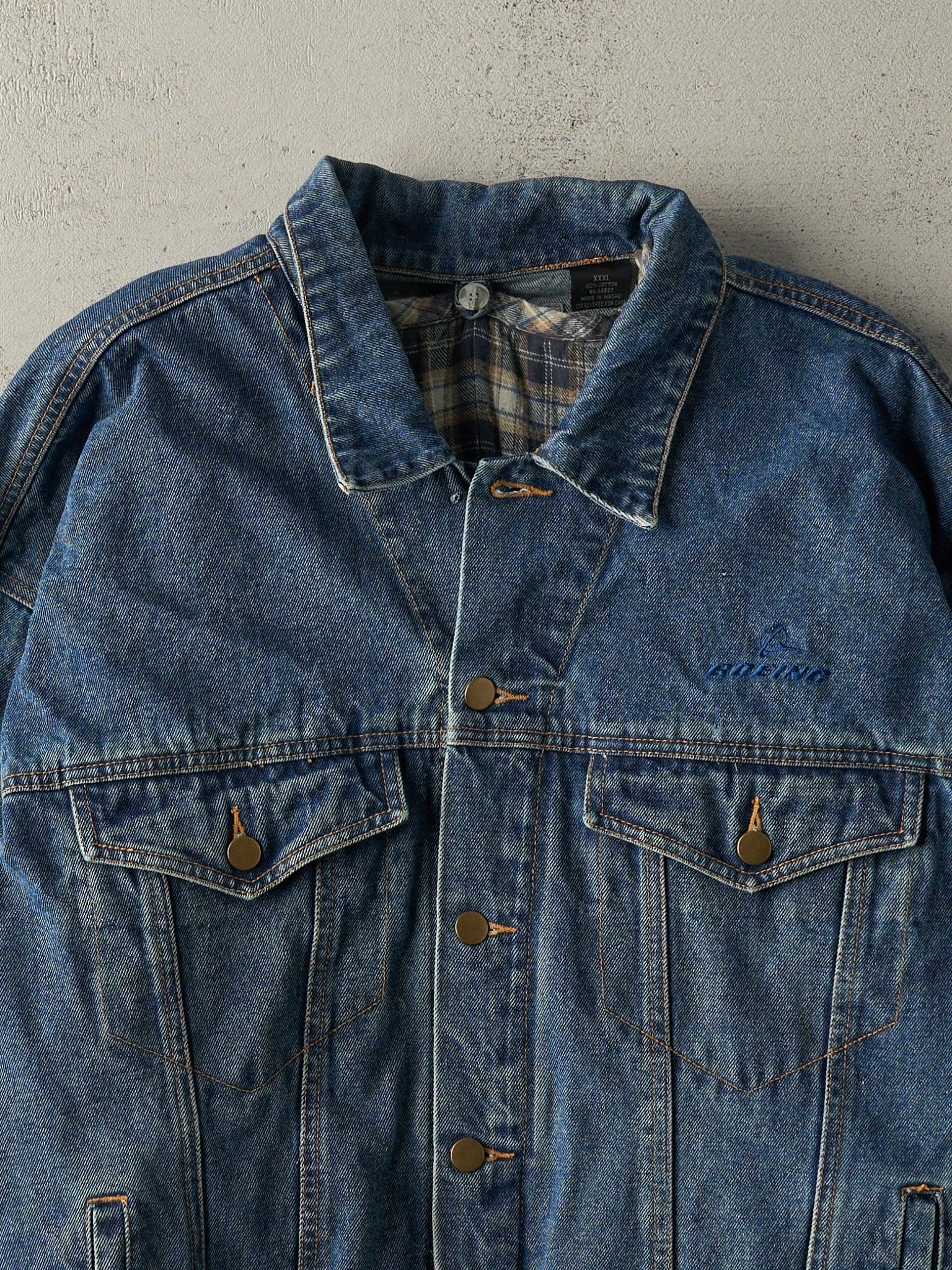 Vintage Y2K Dark Wash Embroidered Flannel Lined Denim Jacket (L)