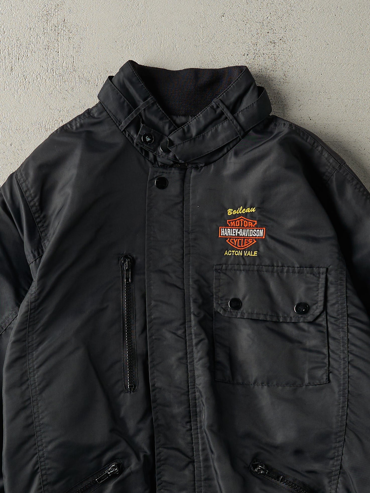 80s USA製 Harley-Davidson MA-1 ジャケット ブラック HARLEY-DAVIDSON】ライダース MA1 スカル刺繍ロゴ 袖ロゴ ブラック S