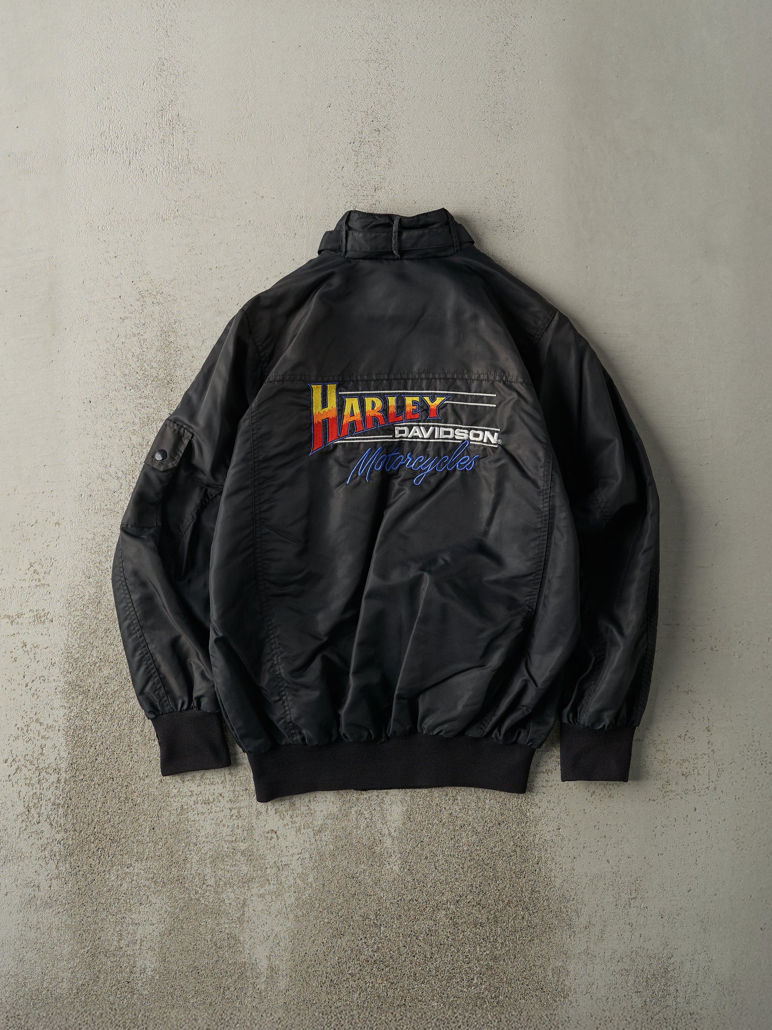 Vintage 80s Black Acton Vale Harley Davidson Lightweight Bomber Jacket (M)