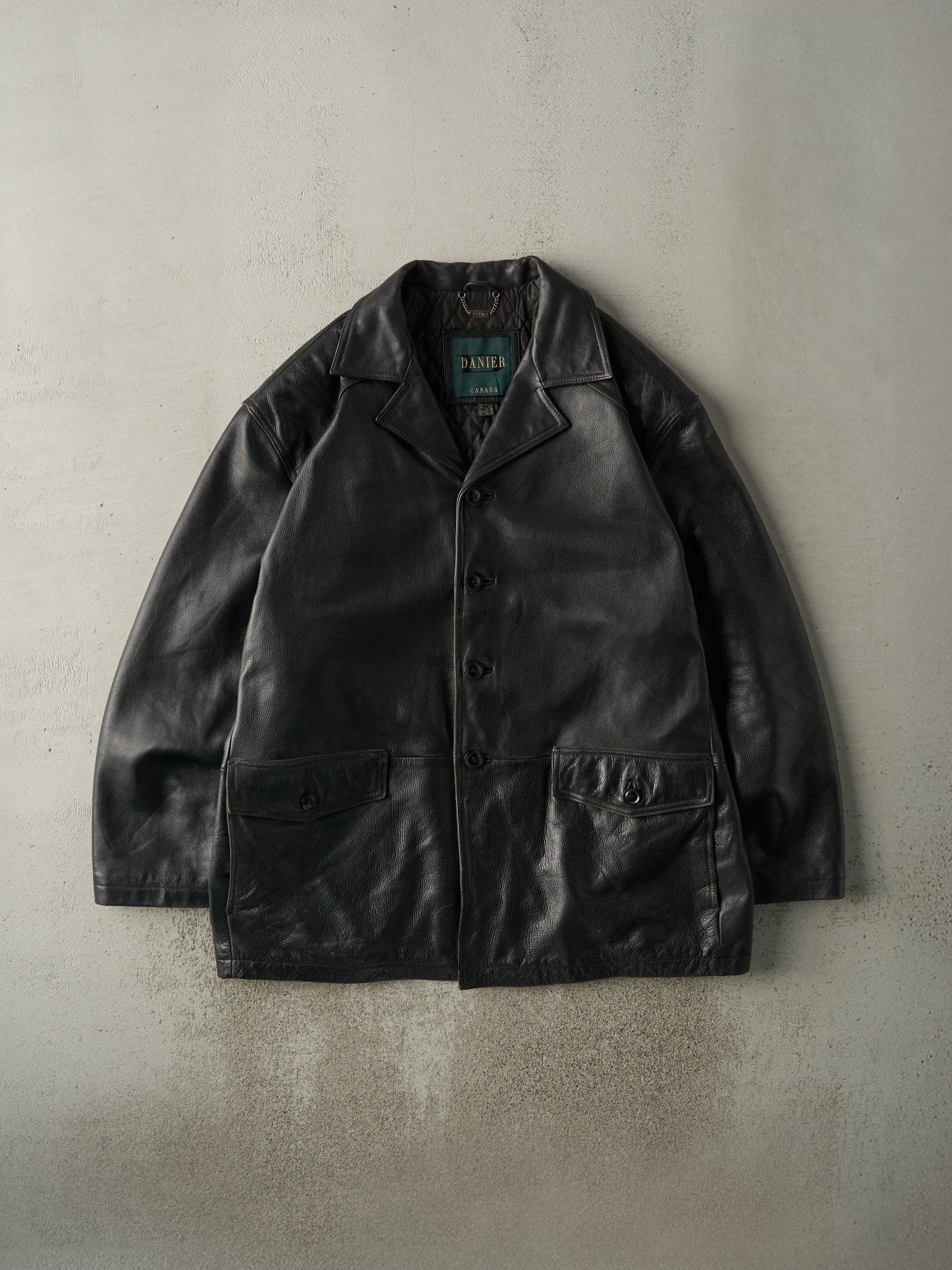 Vintage 90s Black Danier Leather Trench Jacket (L/XL)
