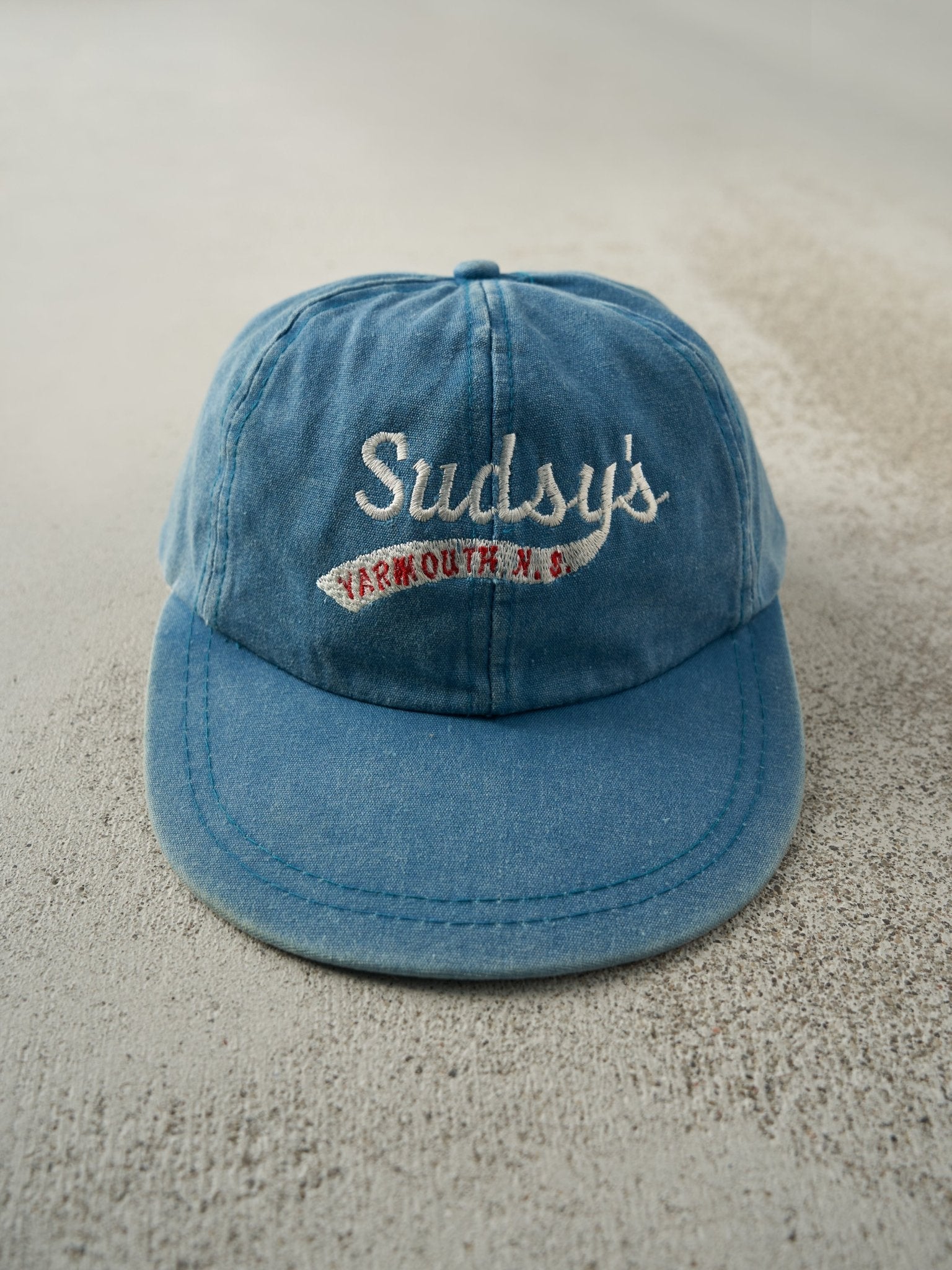 Vintage 90s Blue Sudsys Yarmouth N.S. Leather Strapback Hat