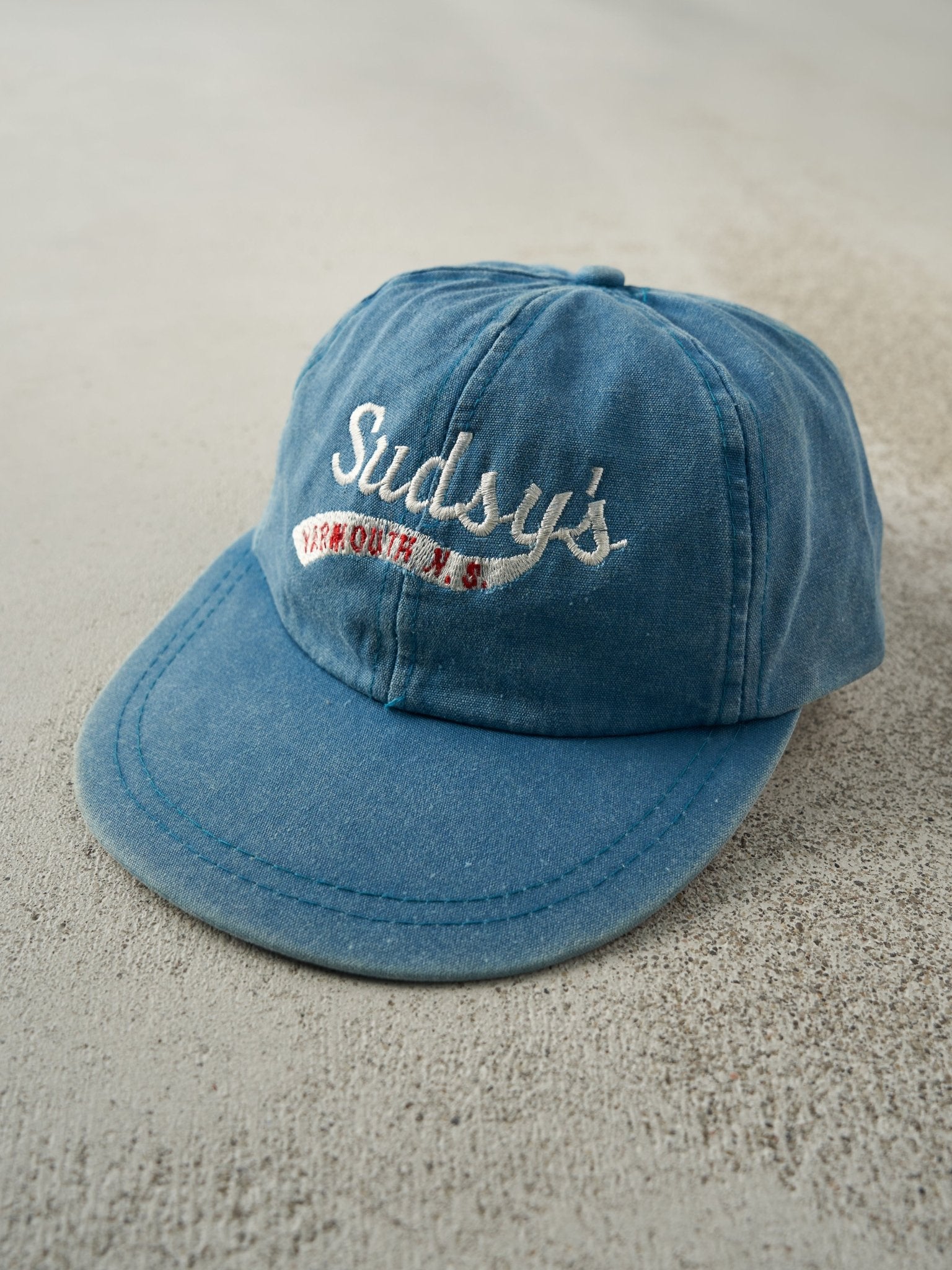 Vintage 90s Blue Sudsys Yarmouth N.S. Leather Strapback Hat