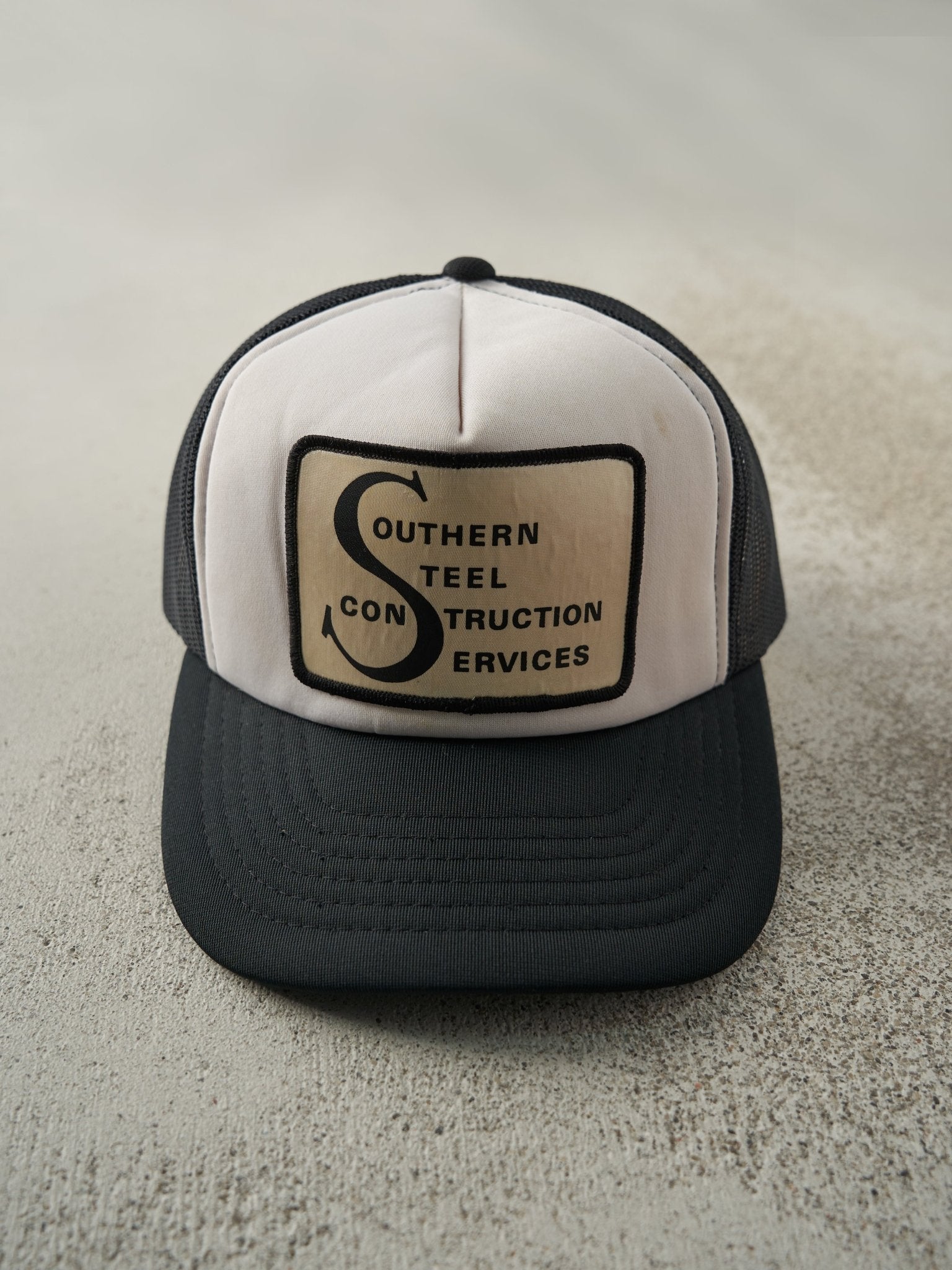 Vintage 80s Black & White Southern Steel Foam Trucker Hat